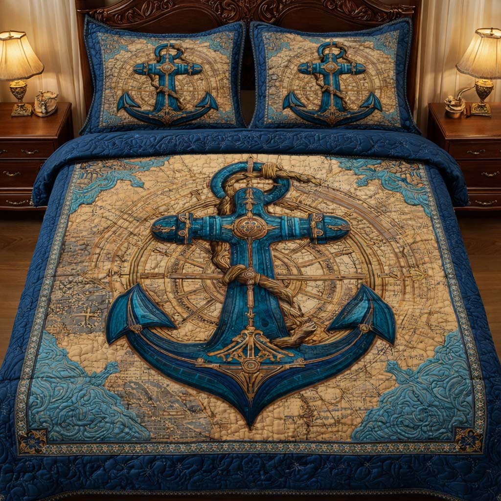 Compass Anchor Quilted Bedding Set Holiday House Decorations Gift For Adventure Seekers - Tradiviet
