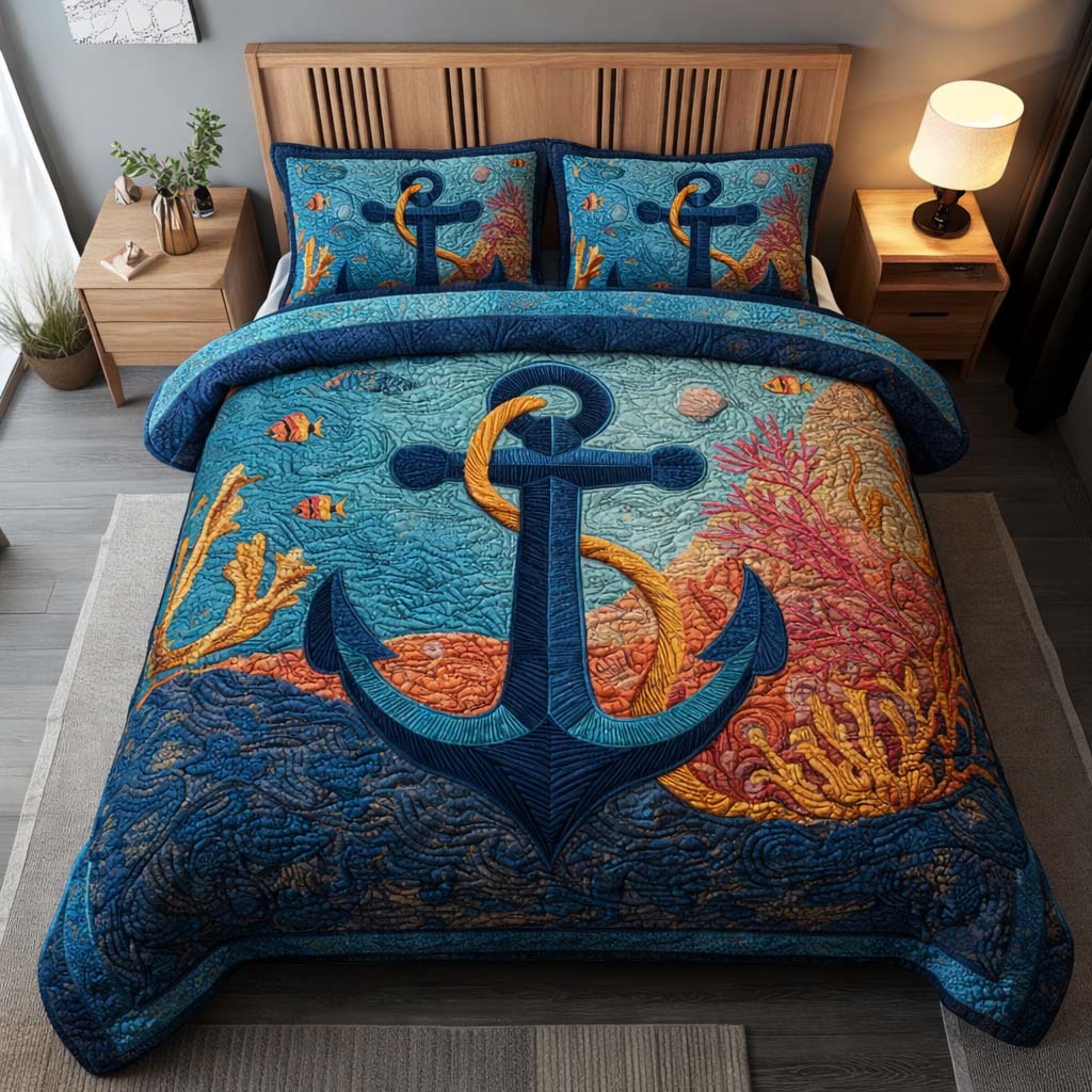 Coral Anchor Quilted Bedding Set Holiday Bedroom Decor Gift For Nautical Decor - Tradiviet