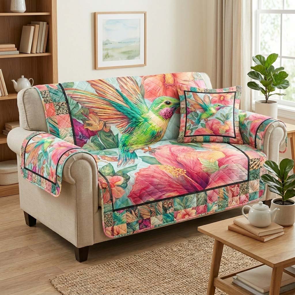 Coral Garden Glow Quilted Sofa Cover Coral Floral Home Decor