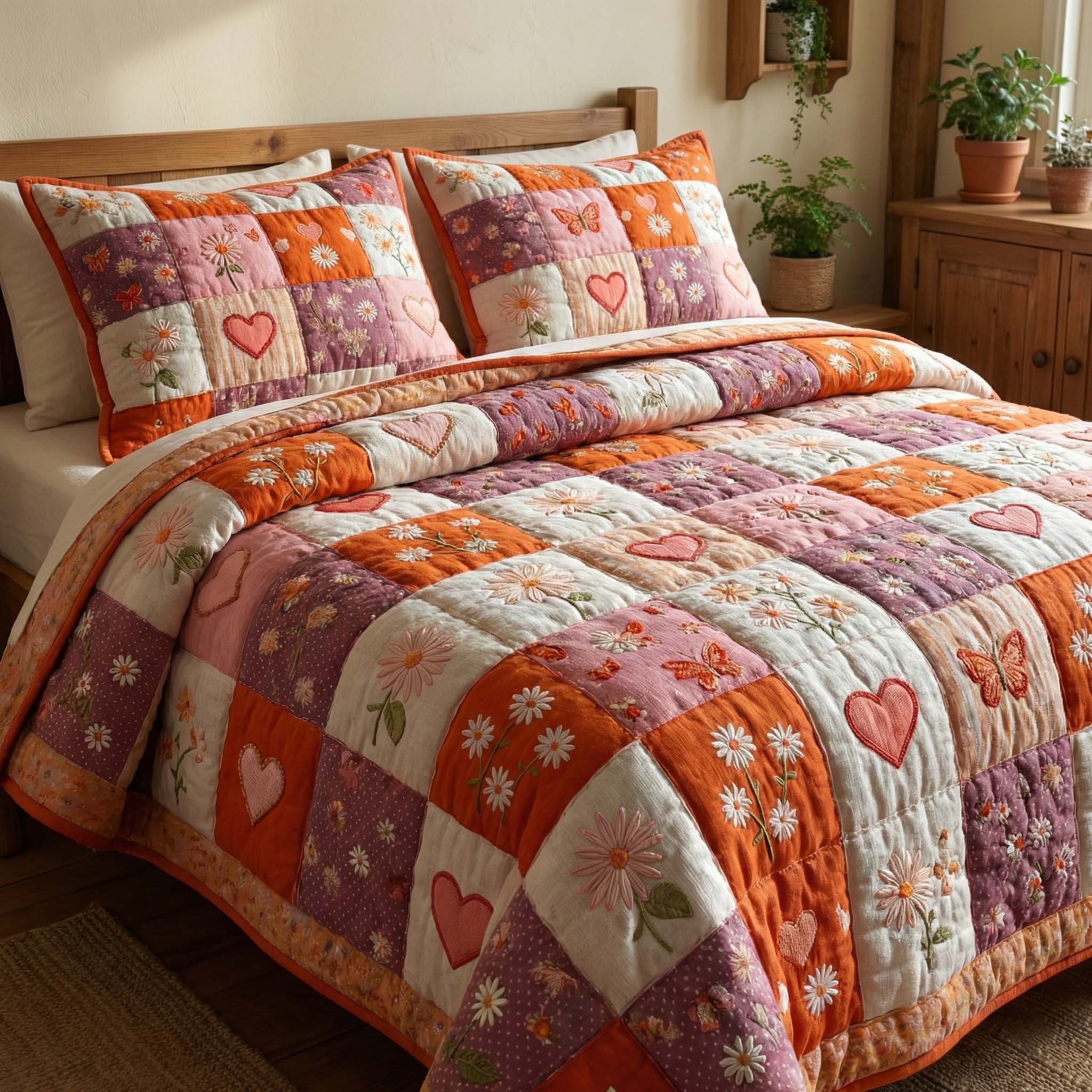 Coral Meadow Quilted Bedding Set Bed Room Decoration Gift For Flower Enthusiasts - Tradiviet