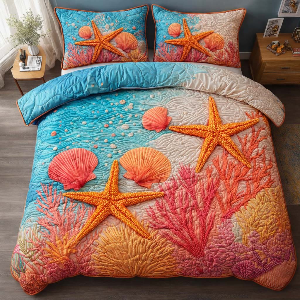 Coral Star Quilted Bedding Set Holiday Home Decor Ideas Star Themed Gift For Friends - Tradiviet