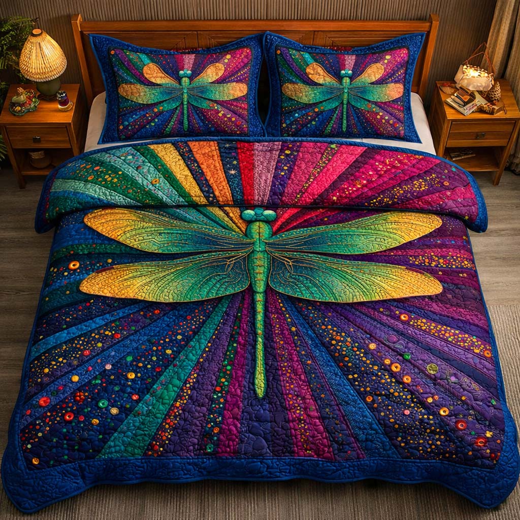 Cosmic Dragonfly Quilted Bedding Set Holiday Bedroom Decor Dragon Themed Presents - Tradiviet