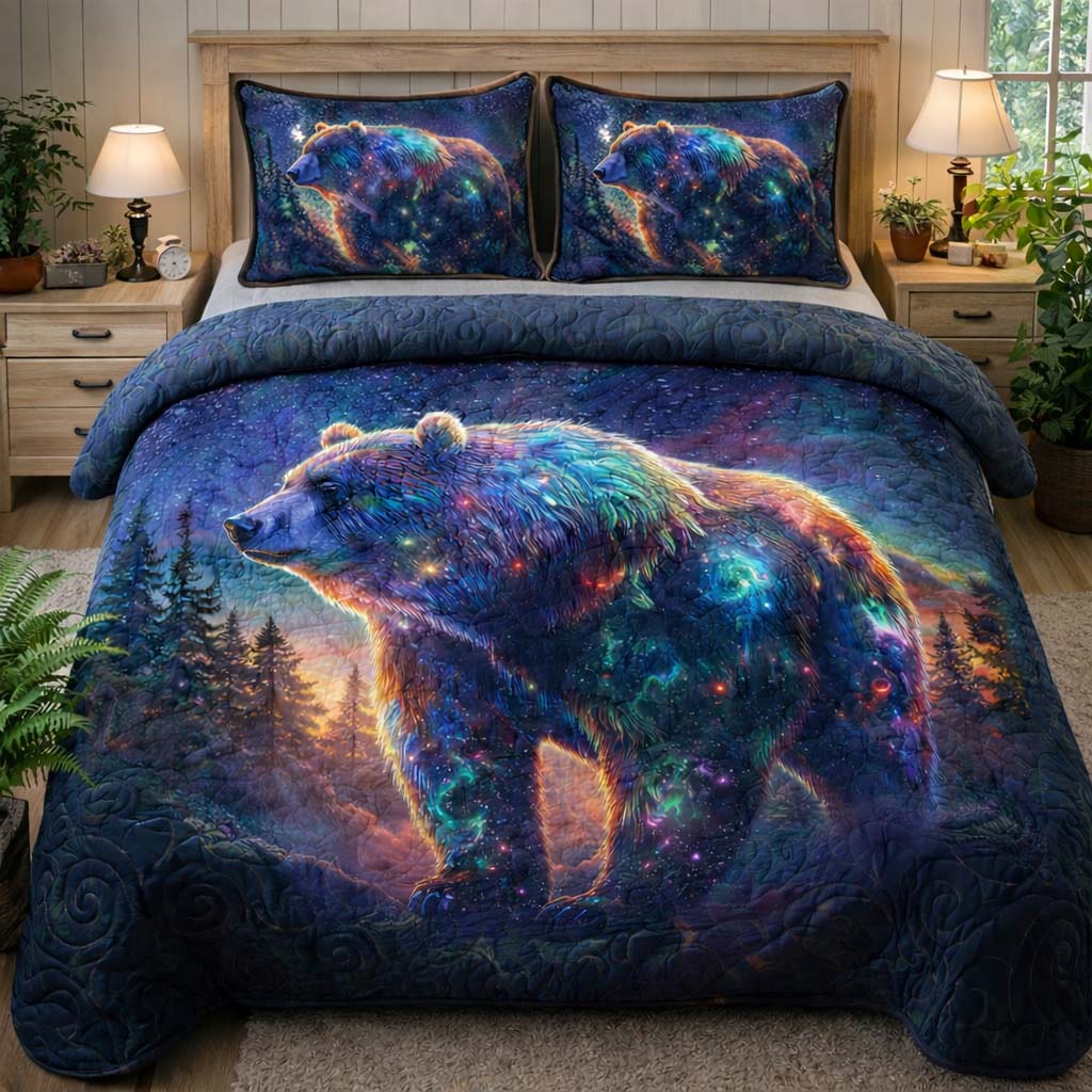 Cosmic Spirit Bear Quilted Bedding Set Holiday Bedroom Decor Bear Gifts For Women - Tradiviet