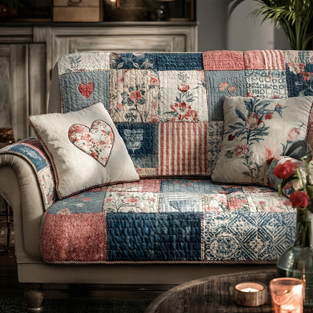 Cottage Charm Heart Quilted Sofa Cover Farmhouse Sofa Cover Romantic Gift