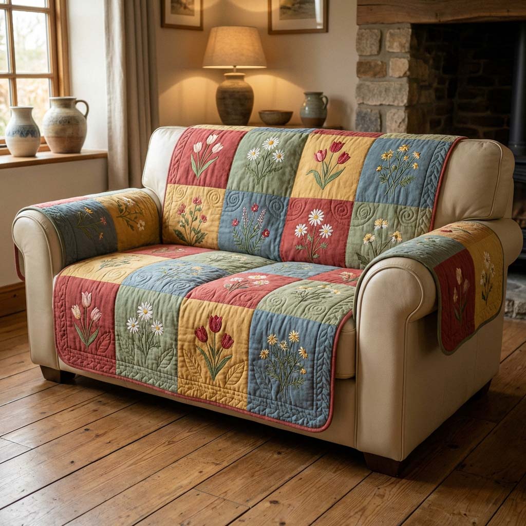 Cottage Flower Quilted Sofa Cover Farmhouse Floral Style Gift For Her