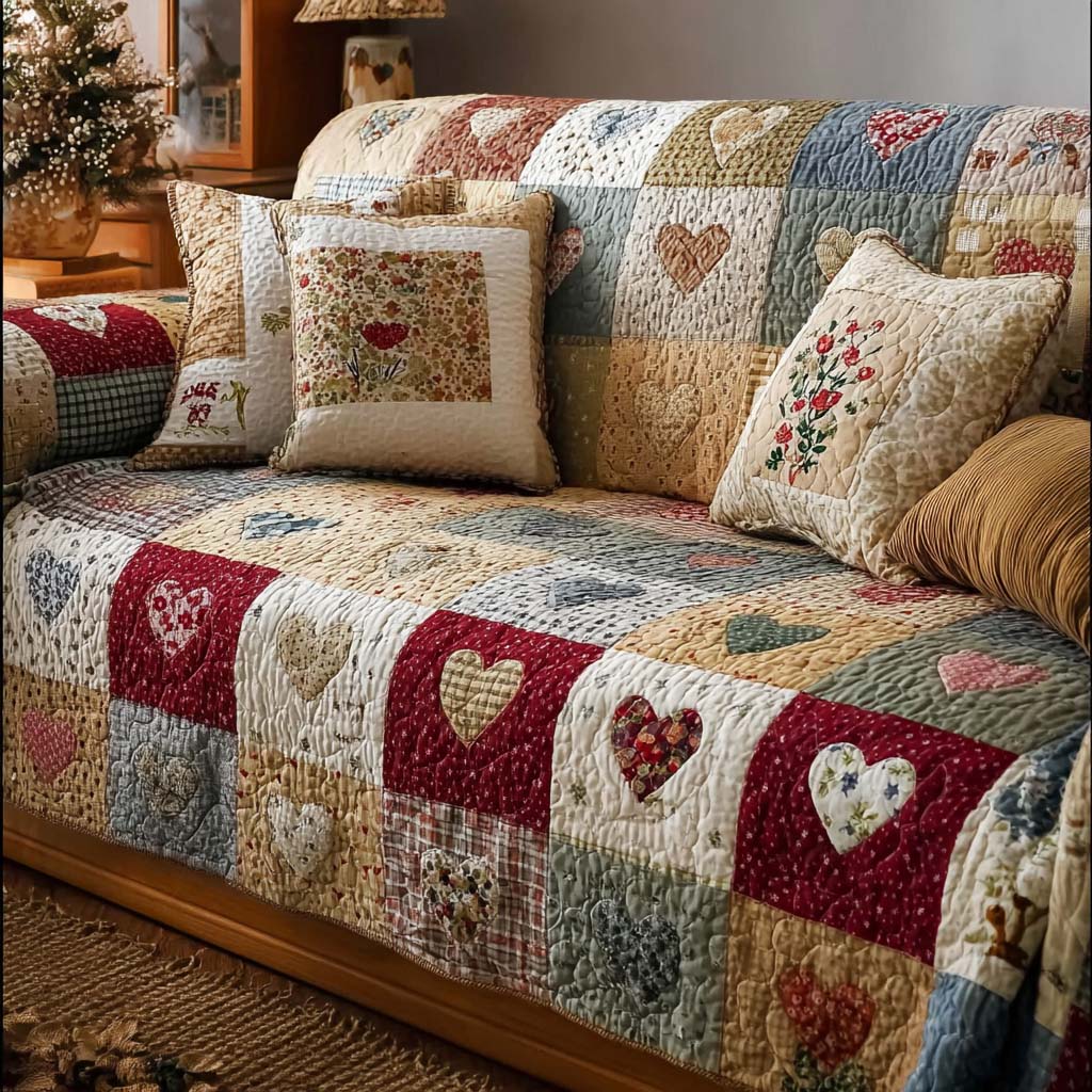 Cottage Heartwork Quilted Sofa Cover Farmhouse Heart Couch Cover