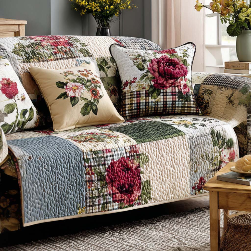 Cottage Patch Bliss Quilted Sofa Cover Farmhouse Patchwork Couch Cover