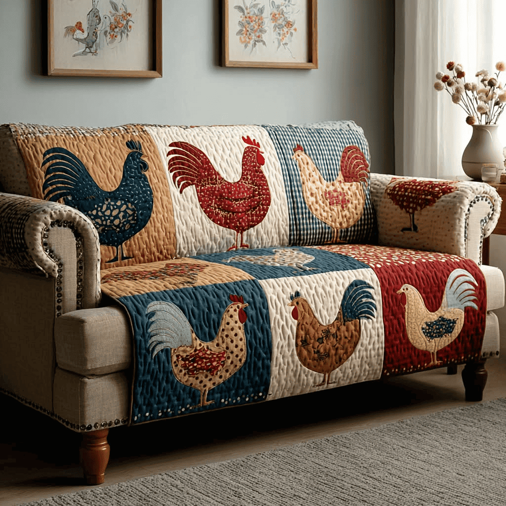 Cottage Rooster Sofa Cover Country Style Couch Covers for Chicken Lovers