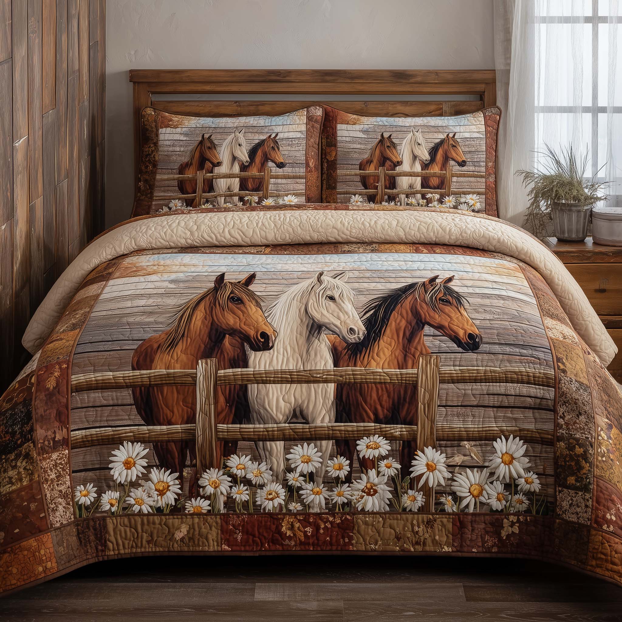 Country Fence Horses Quilted Bedding Set Bed Room Decoration Cute Horse Gifts - Tradiviet