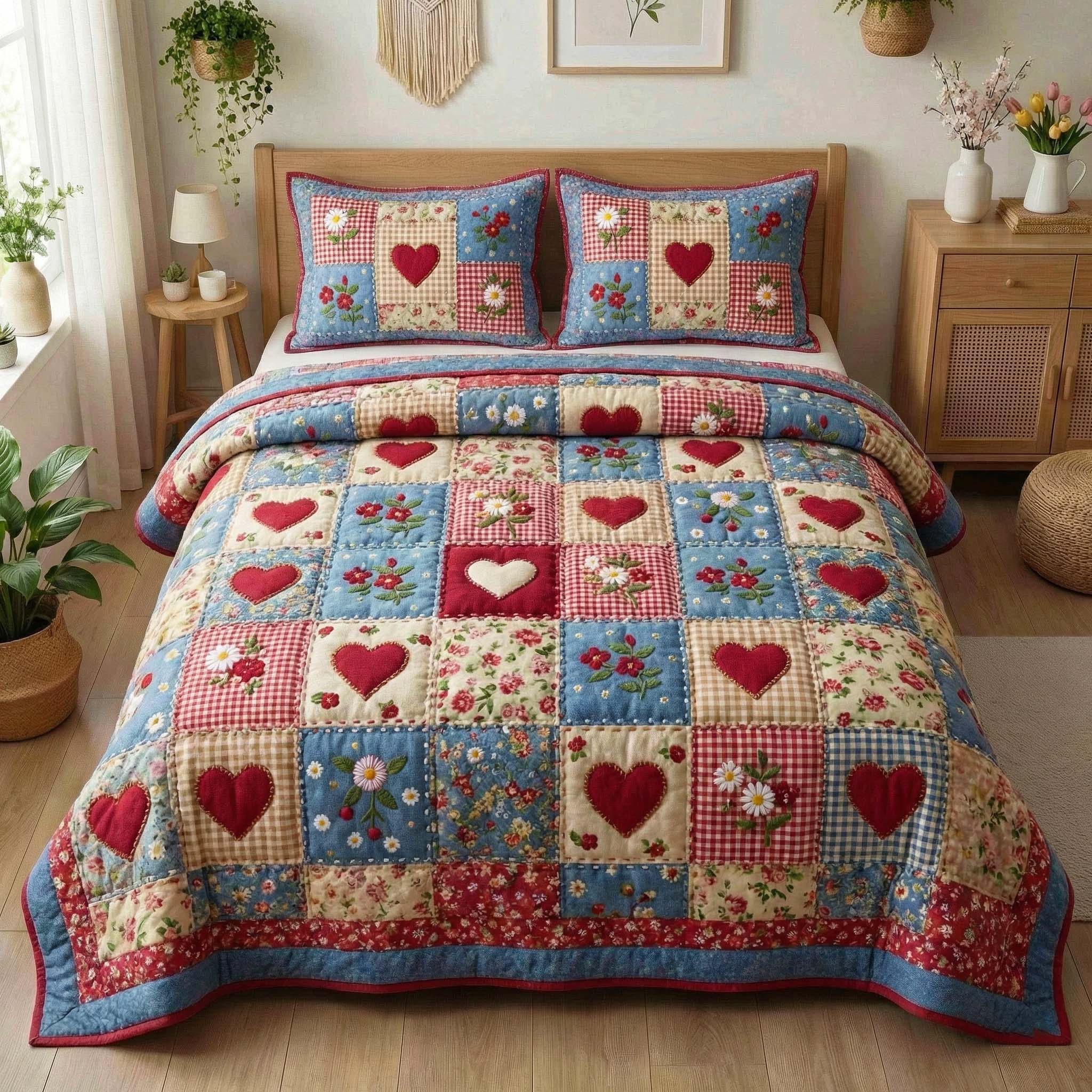 Country Hearts Quilted Bedding Set Bedroom Decorations Gift For Rustic Home Lovers - Tradiviet