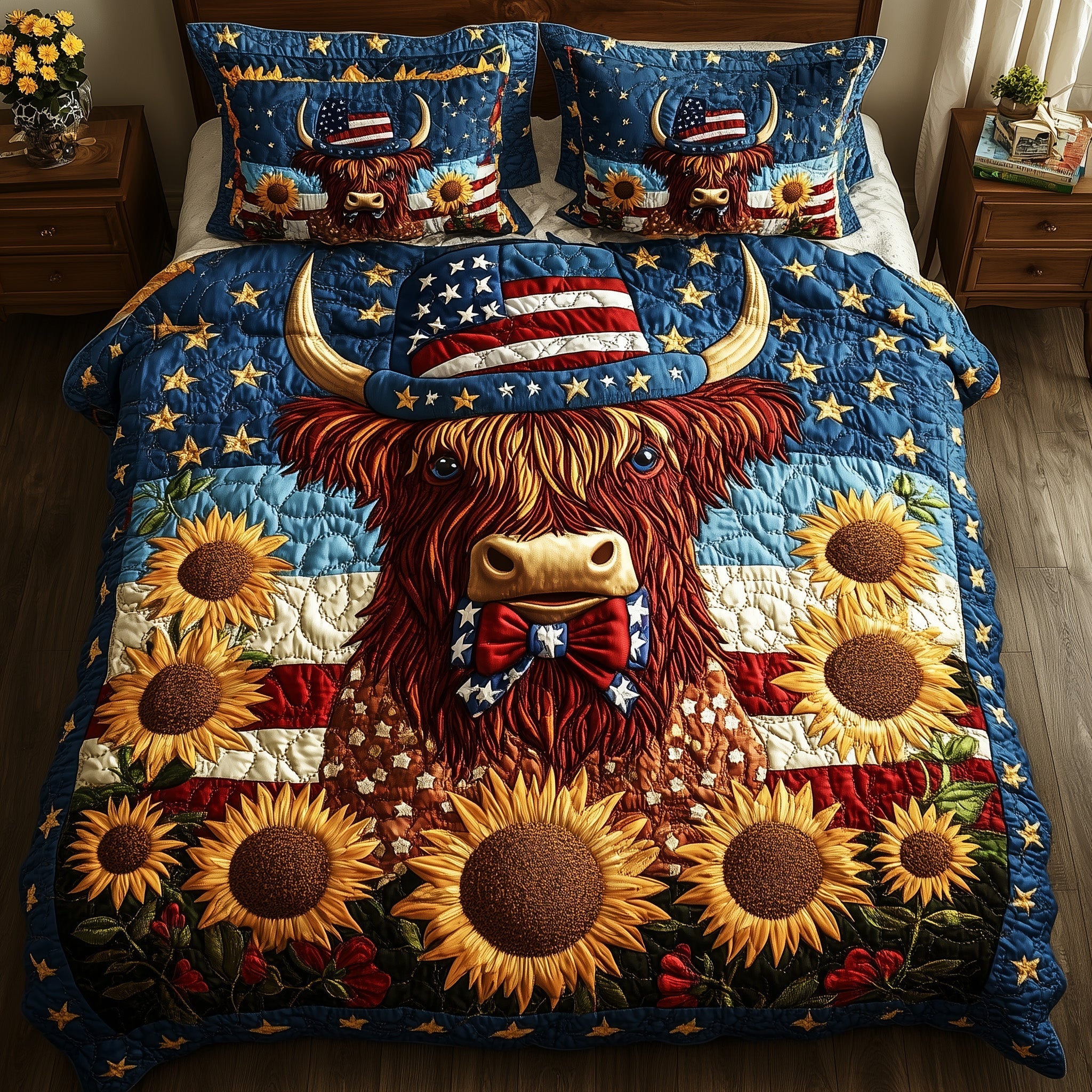 Cow Flowers USA Flag Quilted Bedding Set American Of Freedom Patchwork Bedding Mothers Day Gift - Tradiviet