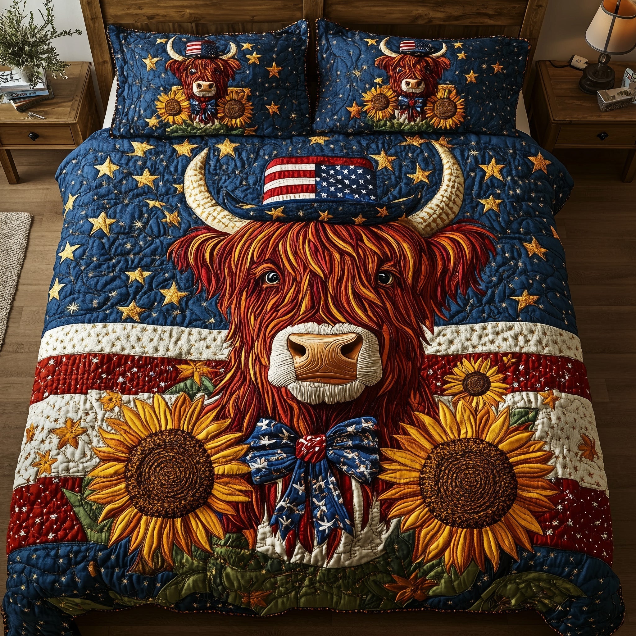Cow Sunflower US Flag Quilted Bedding Set Patriotic 1776 Rustic Bedding Gift For Her - Tradiviet