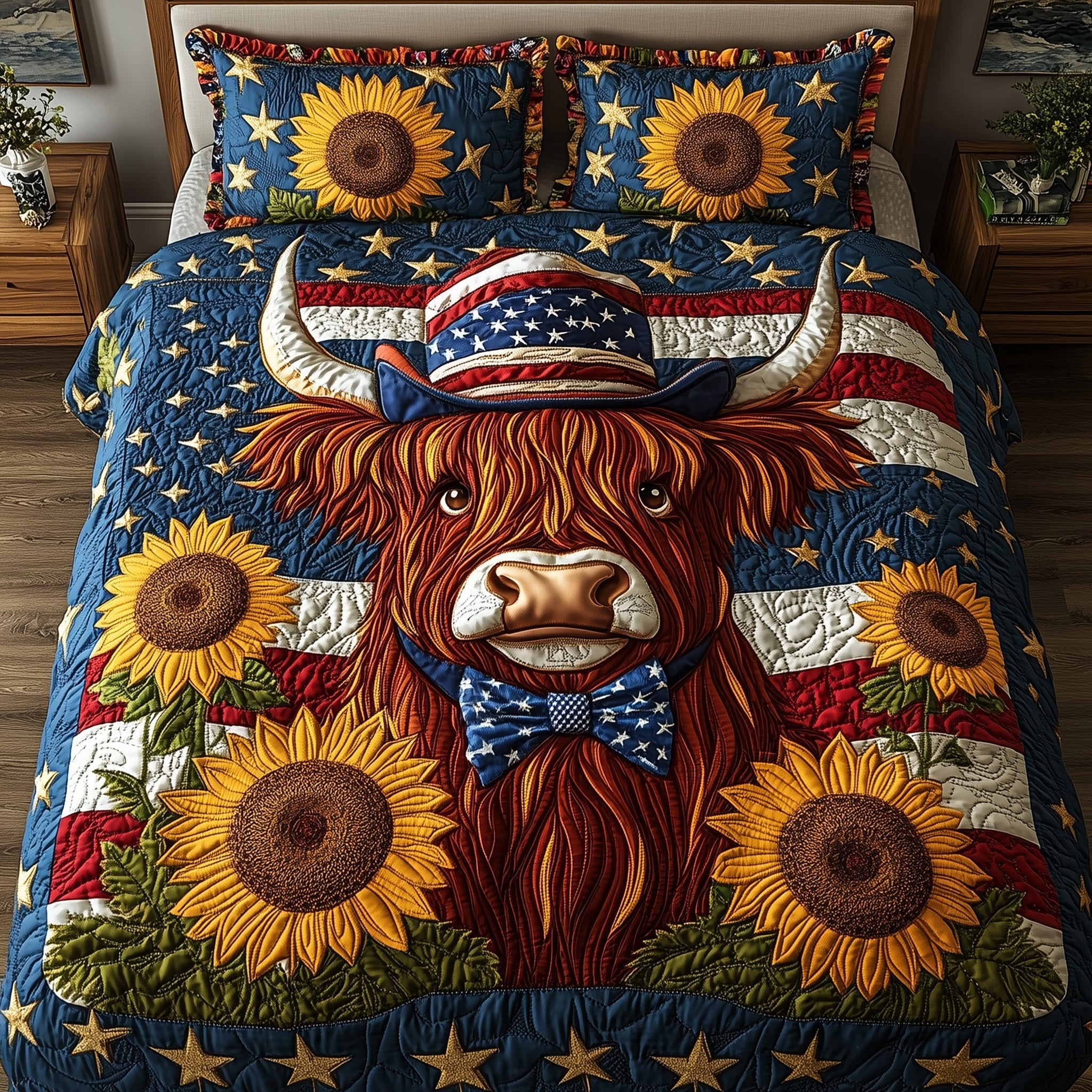 Cow Sunflower USA Flag Quilted Bedding Set Patriotic 1776 Rustic Bedding Gift For Mom - Tradiviet