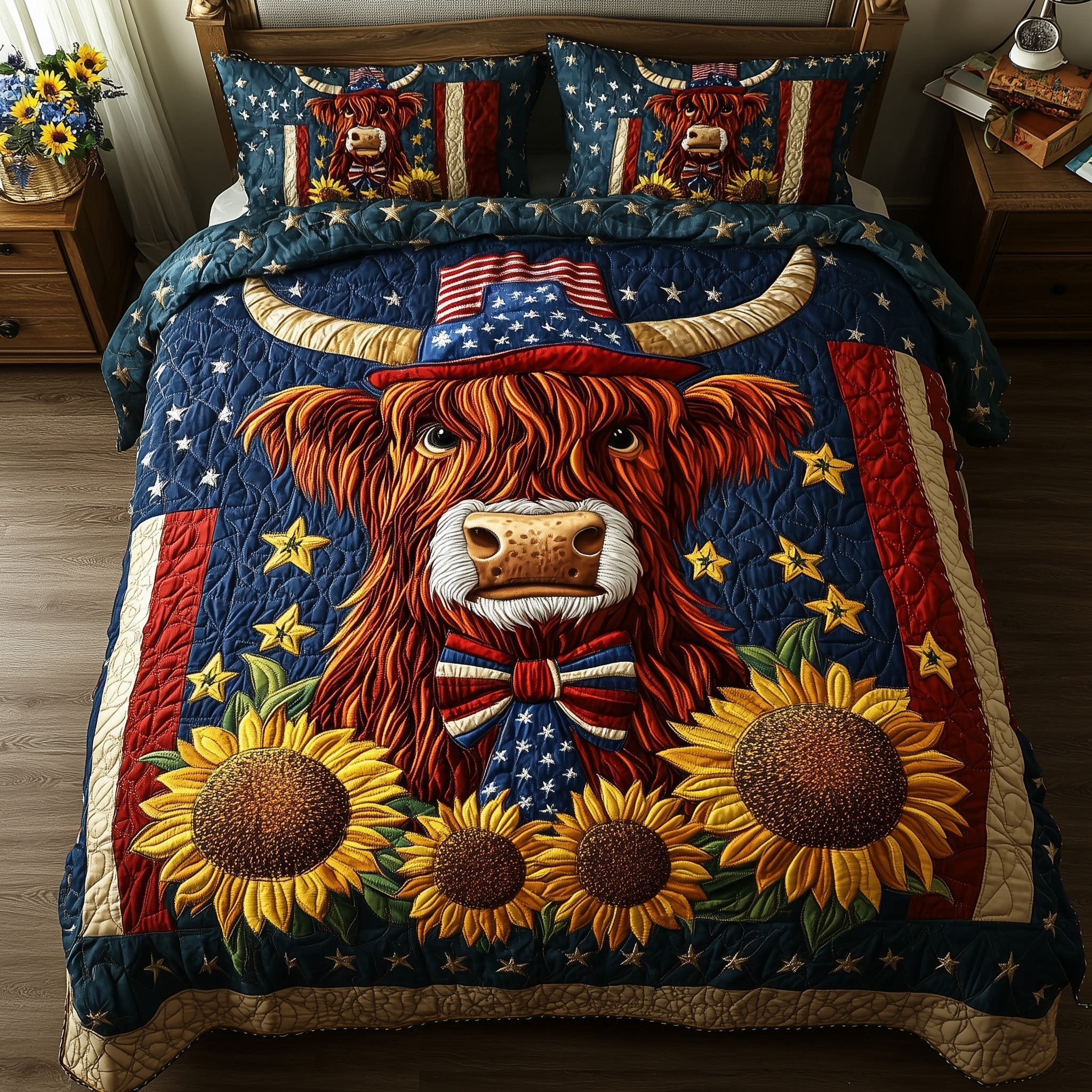 Cow Sunflowers USA Flag Quilted Bedding Set 1776-2026 Patriotic  Quilt Cover Set Gift For Birthday Girl - Tradiviet