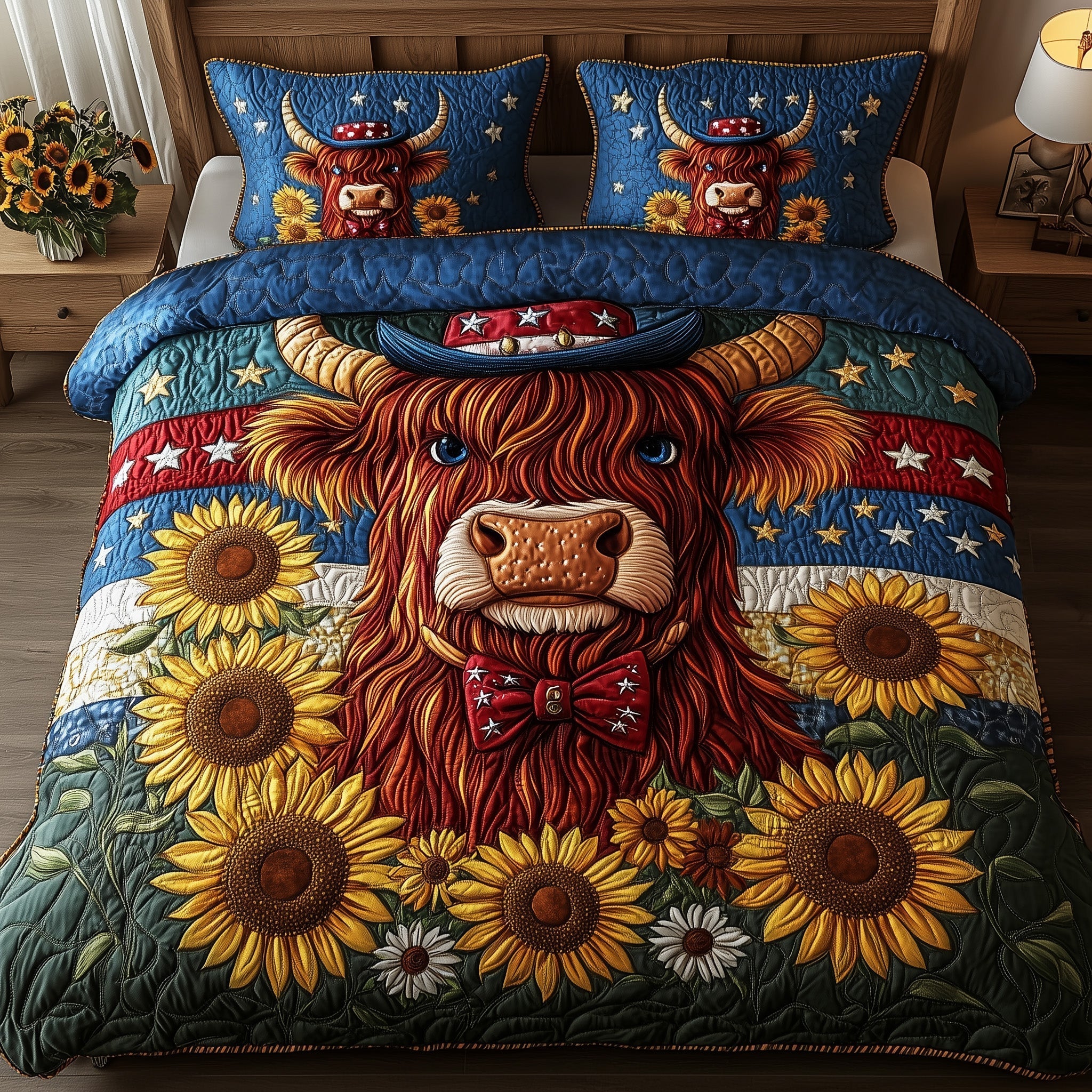 Cow Sunflowers USA Flag Quilted Bedding Set Retro Patriotic Bedding Gift For Proud Veteran - Tradiviet