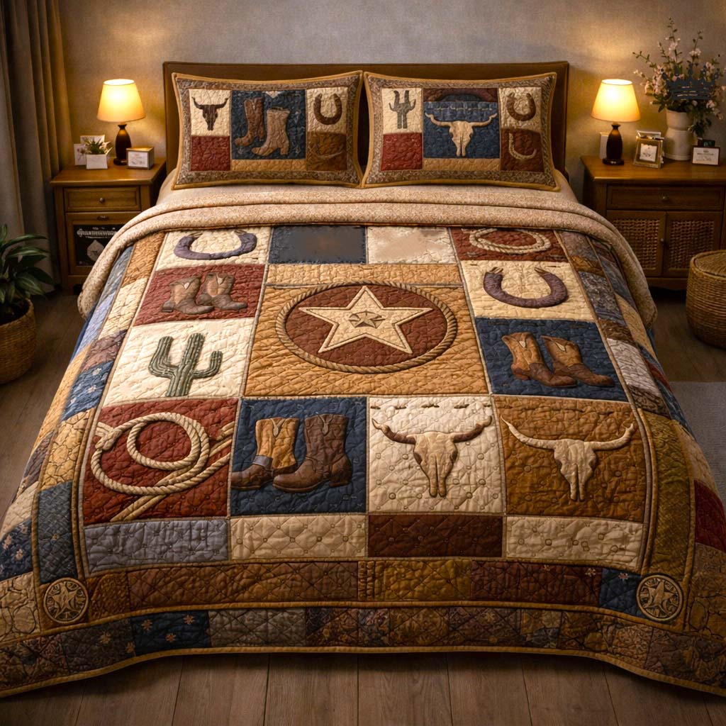 Cowboy Boots Bull Skulls America 250 Flag Quilted Bedding Set Western Theme Bedding Gift For Dad - Tradiviet