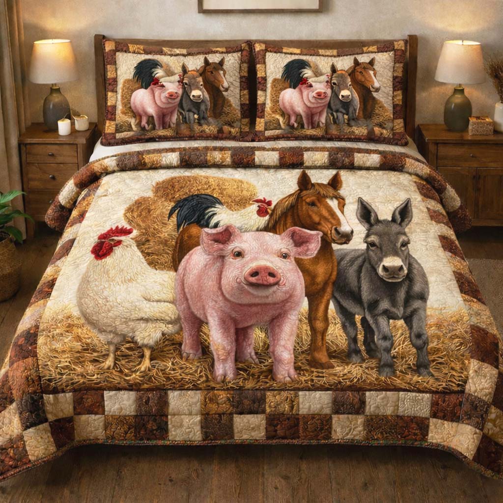 Cozy Farm Friends Quilted Bedding Set Holiday Decorations Best Gift For Father's Day - Tradiviet