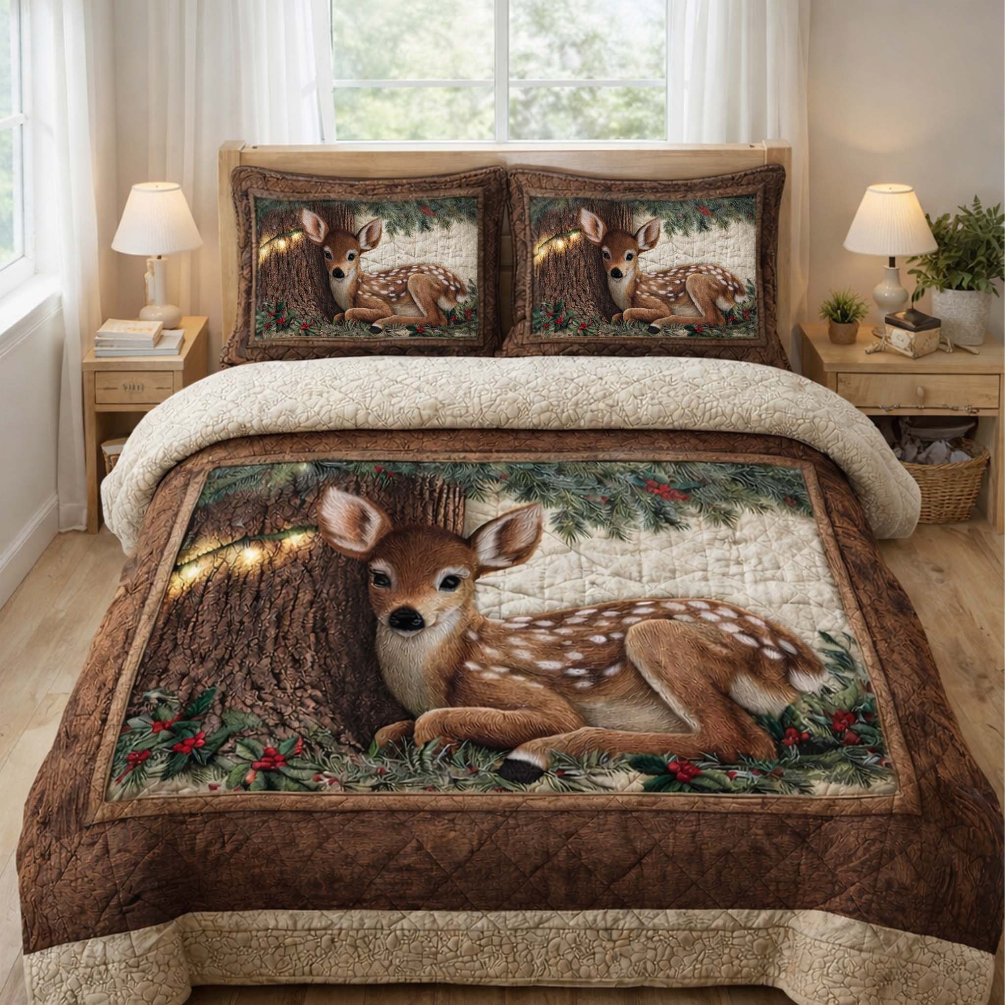 Cozy Fawn Quilted Bedding Set Autumn Inspired Bedroom Gift For Nature Enthusiasts - Tradiviet