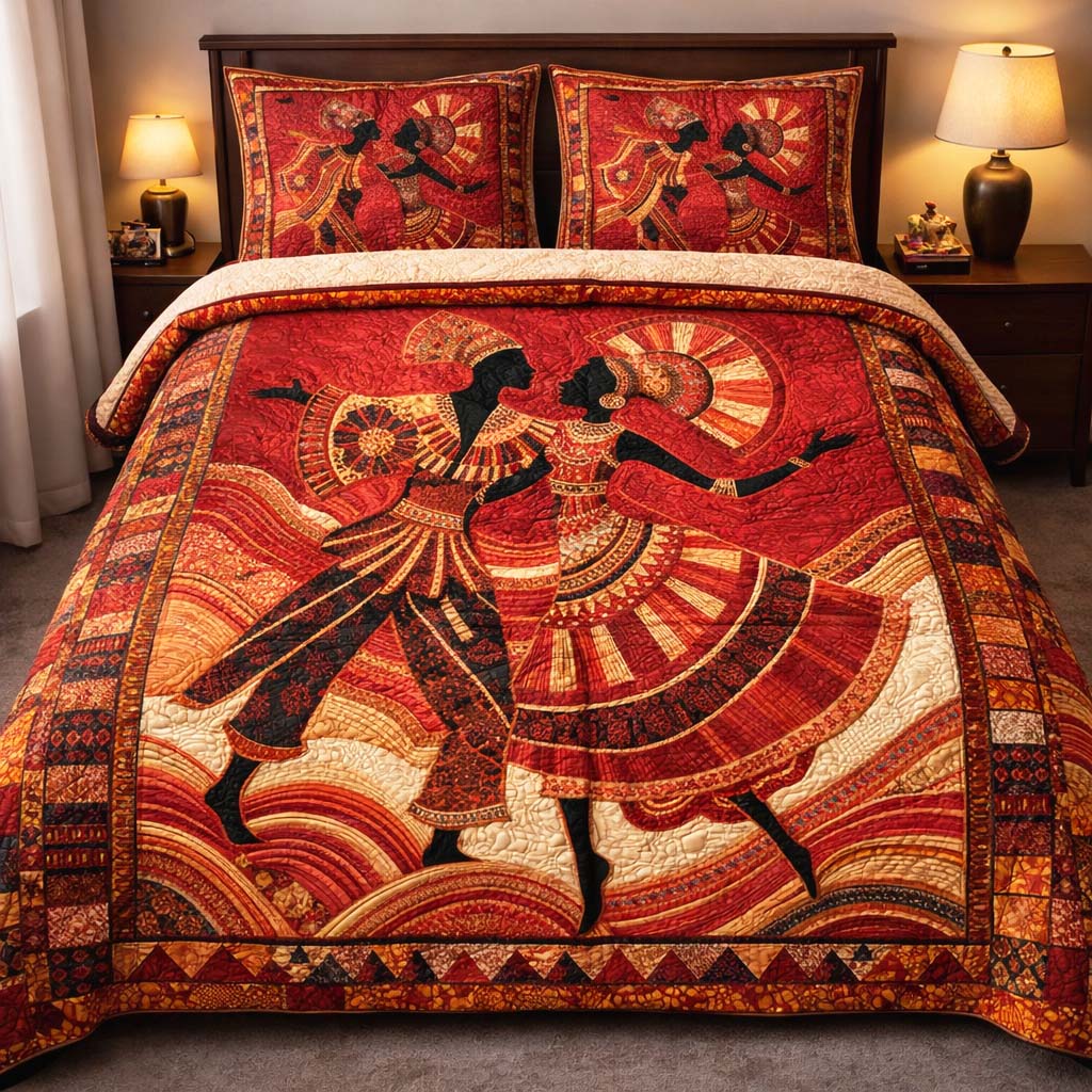 Crimson Ancestral Dance Quilted Bedding Set Bedroom Decorations Gift For Traditional Dance Lovers - Tradiviet