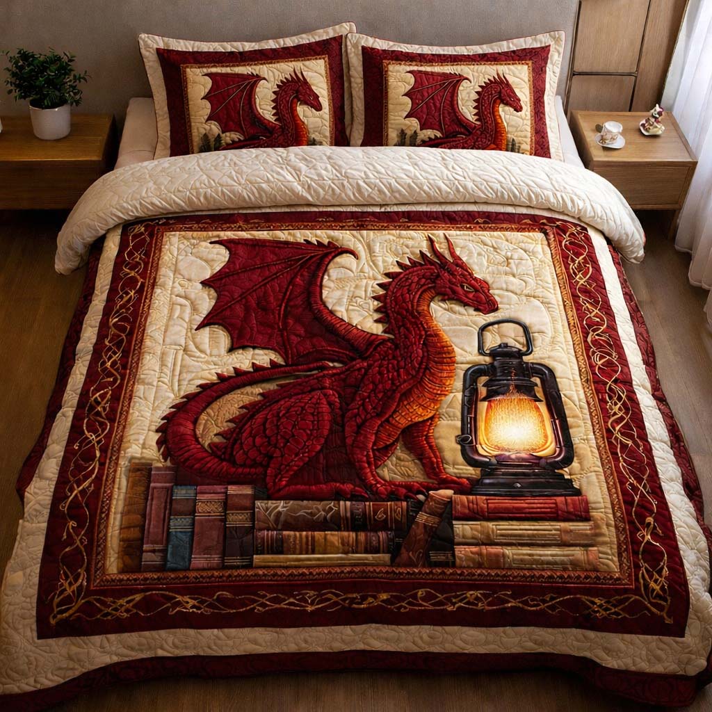 Crimson Lantern Dragon Quilted Bedding Set Room Decoration Items Dragon Themed Gift Items - Tradiviet