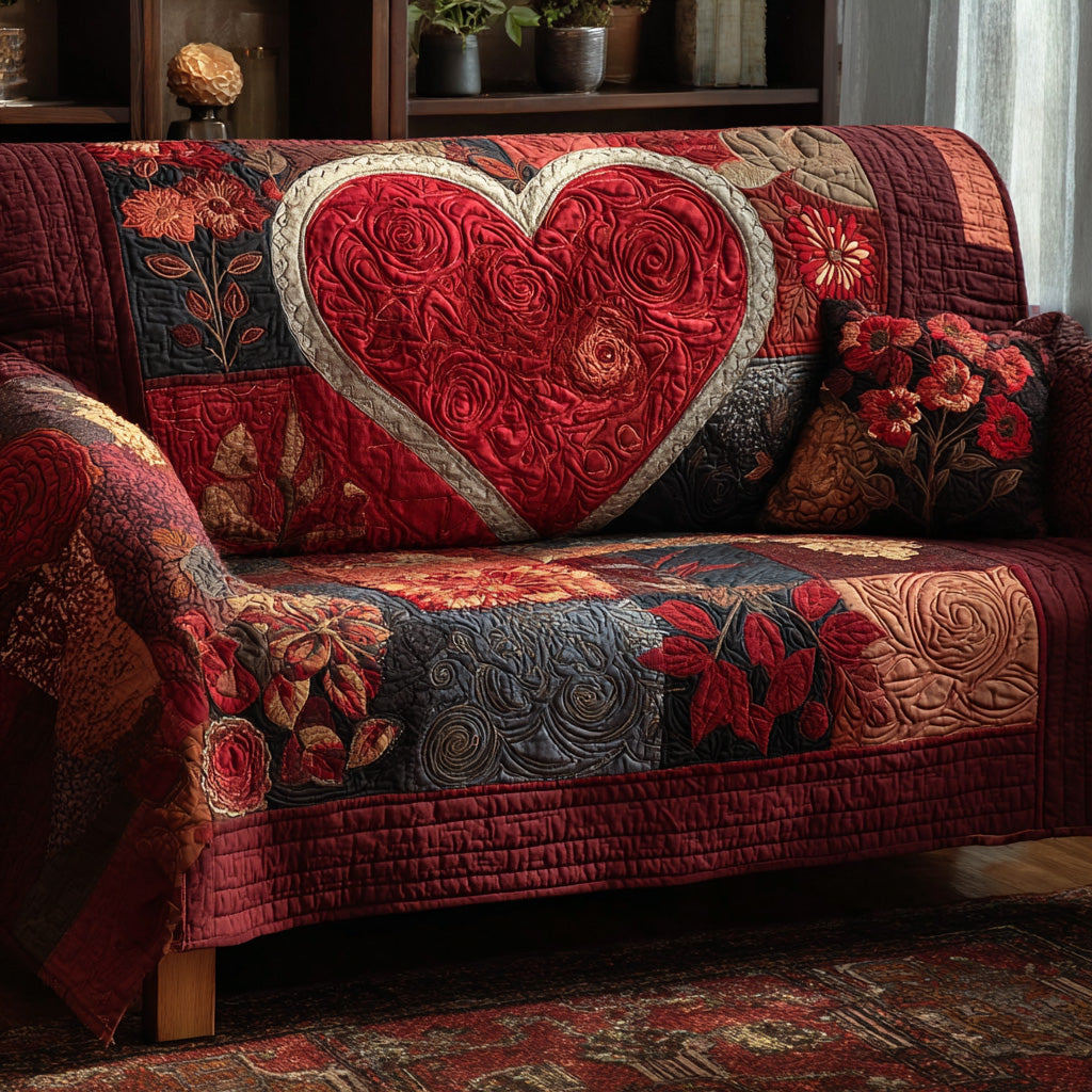 Crimson Rose Heart Quilted Sofa Cover Romantic Floral Sofa Decor