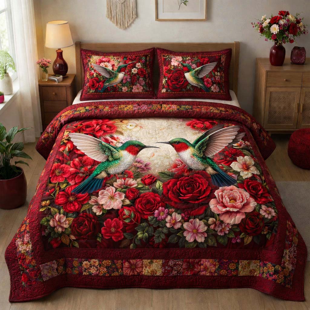 Crimson Rose Hummingbirds Quilted Bedding Set Holiday Home Decor Hummingbird Gifts For Grandma - Tradiviet