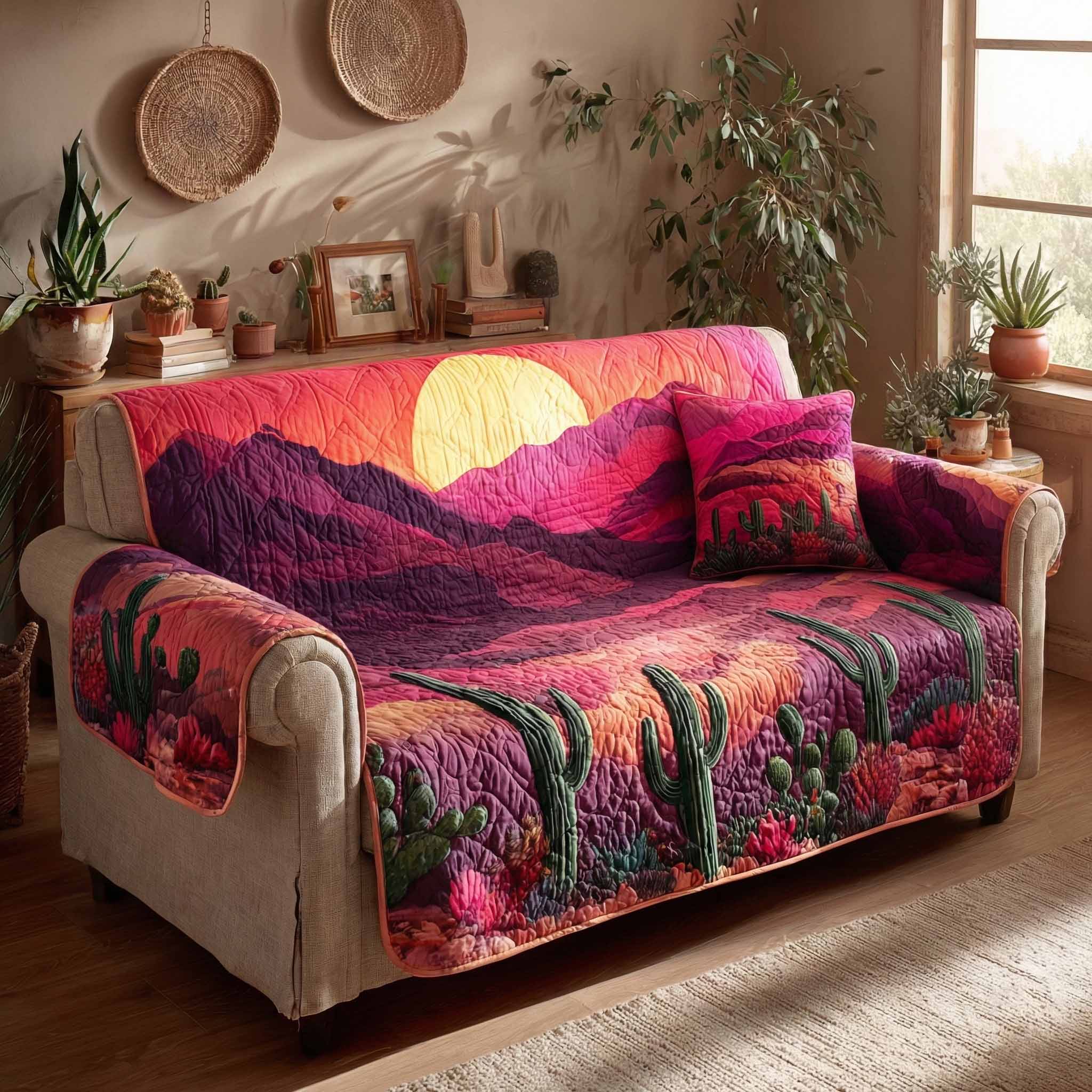 Crimson Sunset Quilted Sofa Cover Red Sunset Landscape Pattern Home Decor
