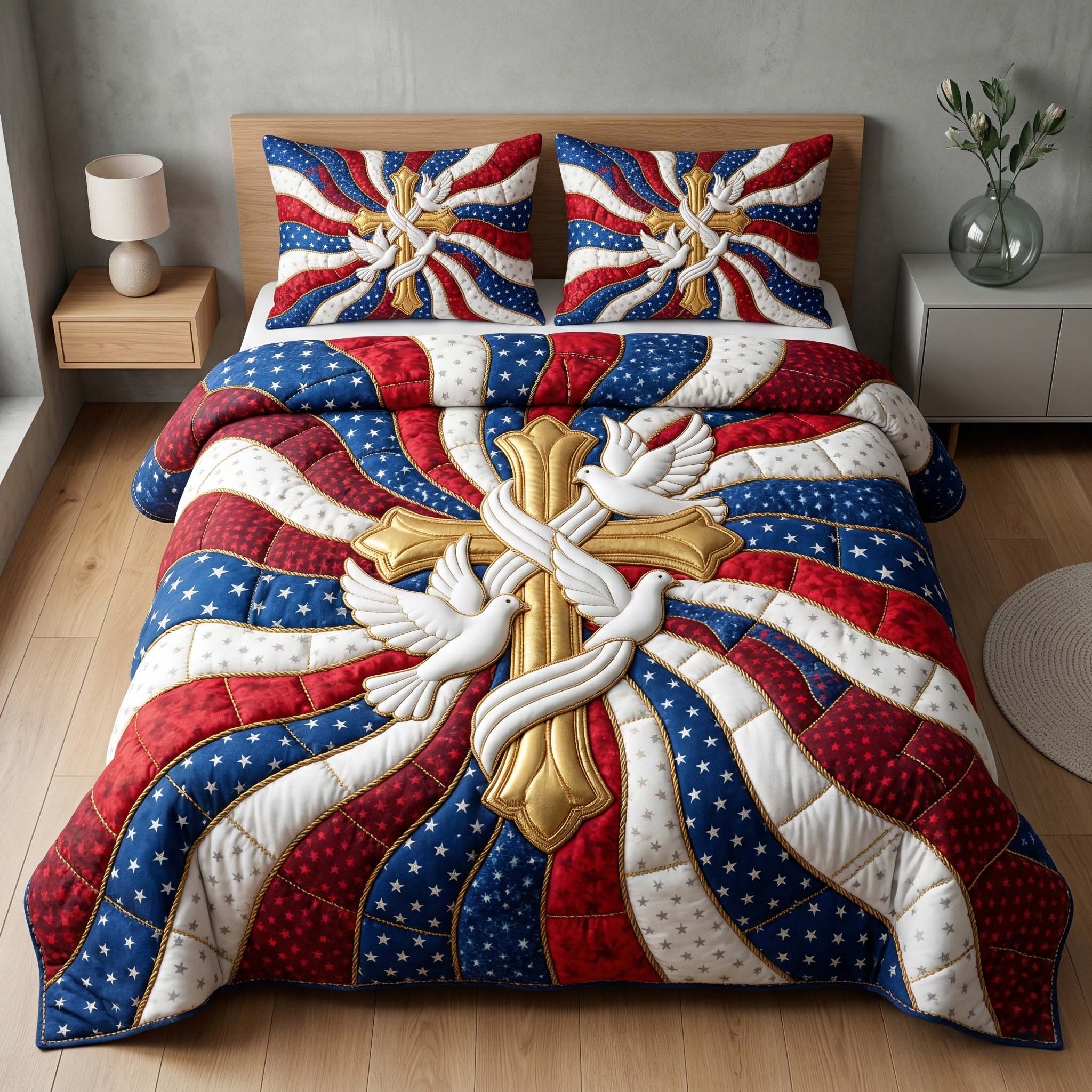 Cross And Doves US Flag Quilted Bedding Set Patriotic 250 Patchwork Bedding Gift For Birthday Girl - Tradiviet