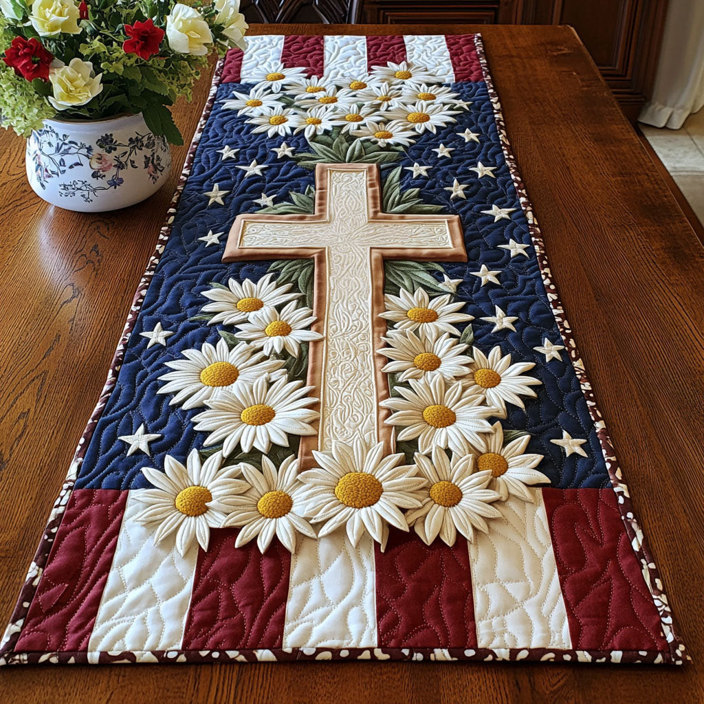 Cross Daisy Patriot Quilted Table Runner  Holiday Table Runner Cute 4Th Of July Gifts