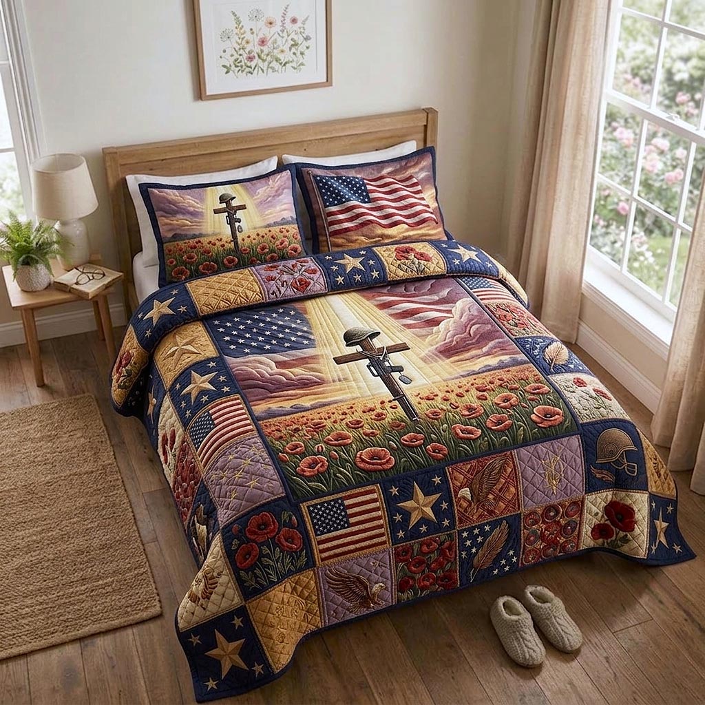 Cross Poppy Eagle USA Flag Quilted Bedding Set America Patriotic Quilt Set Gift For Her - Tradiviet