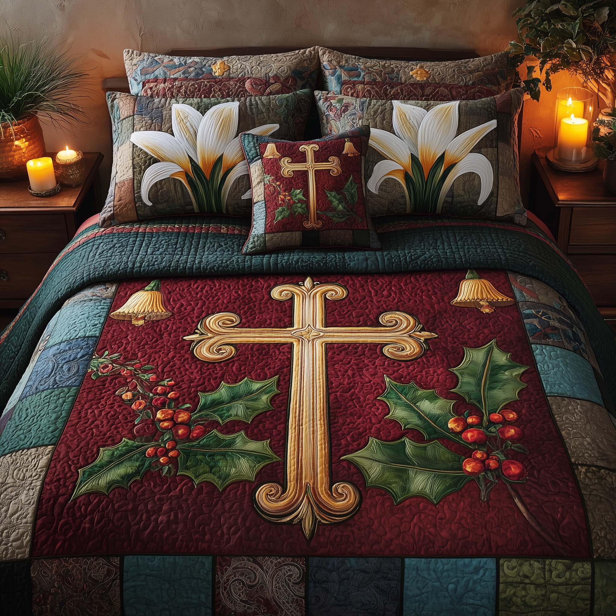 Cross Quilted Bedding Set Autumn Inspired Bedroom Cross Gift For Spiritual Home - Tradiviet