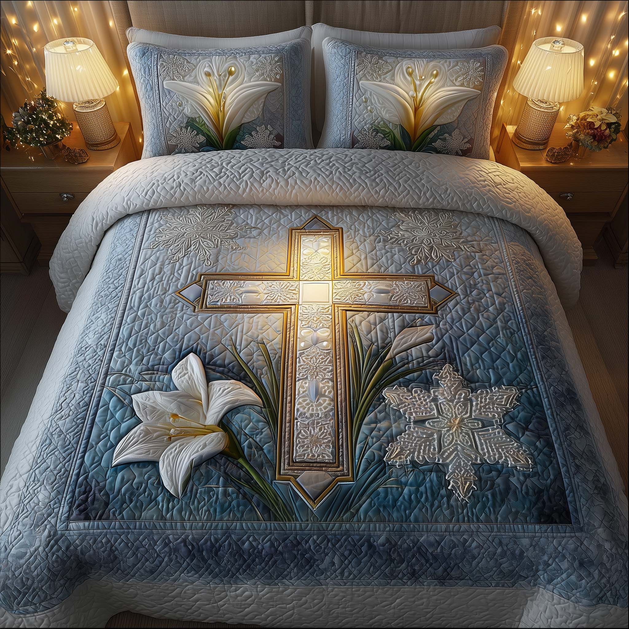 Cross Quilted Bedding Set Bohemian Bedroom Furniture Cross Gift For Grandma - Tradiviet