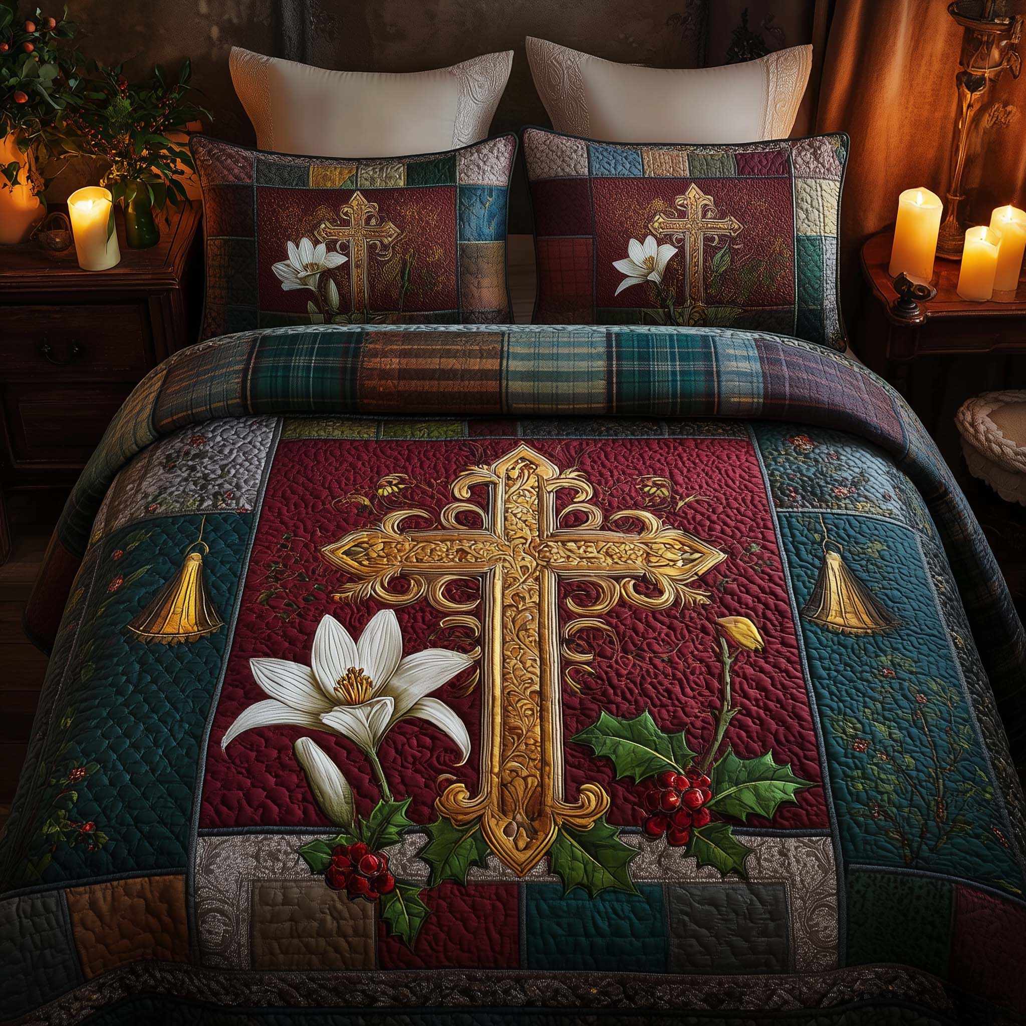 Cross Quilted Bedding Set Bohemian Bedroom Furniture Gift For Family Cross - Tradiviet
