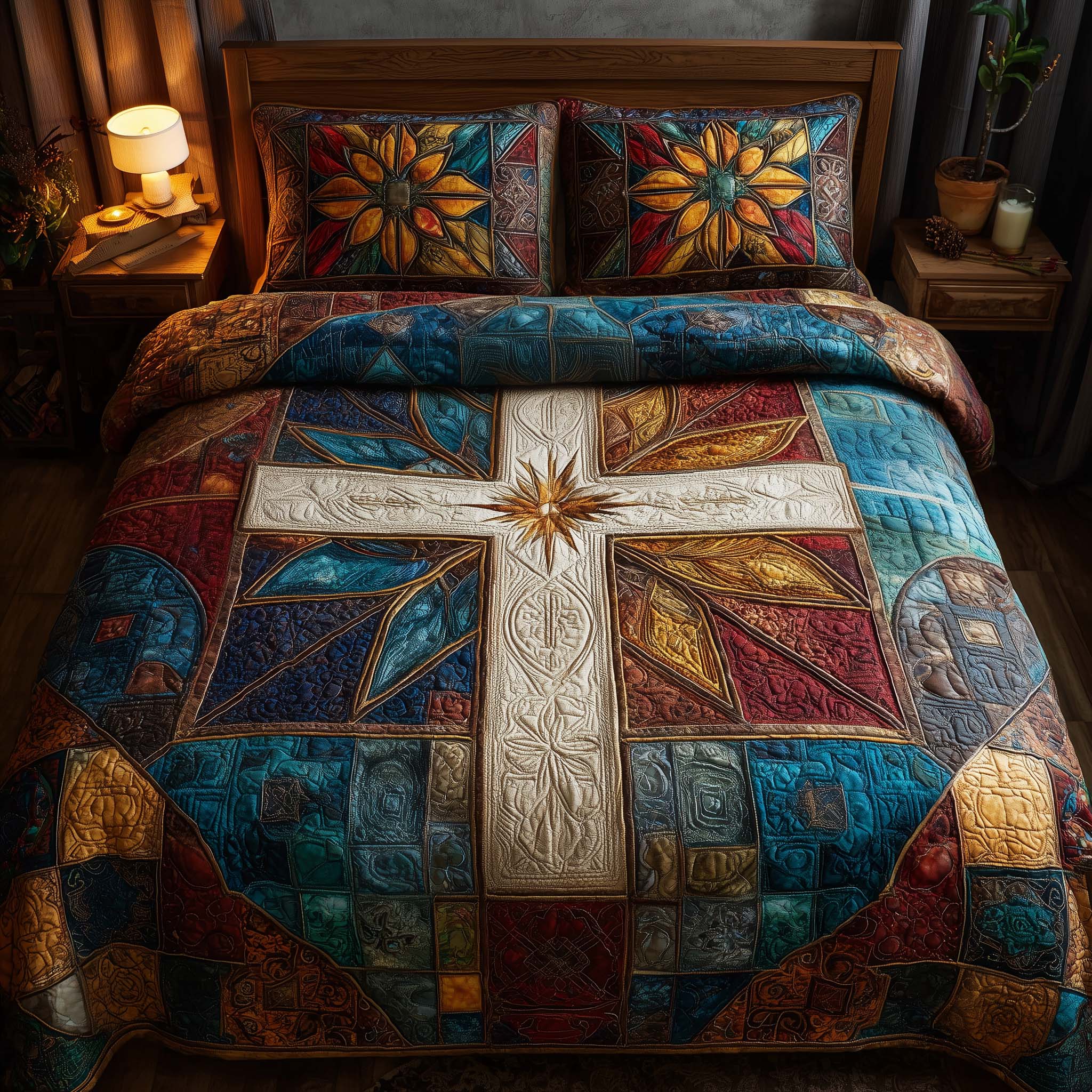Cross Quilted Bedding Set Mens Bedroom Decor Cozy Cross Gift For Winter - Tradiviet