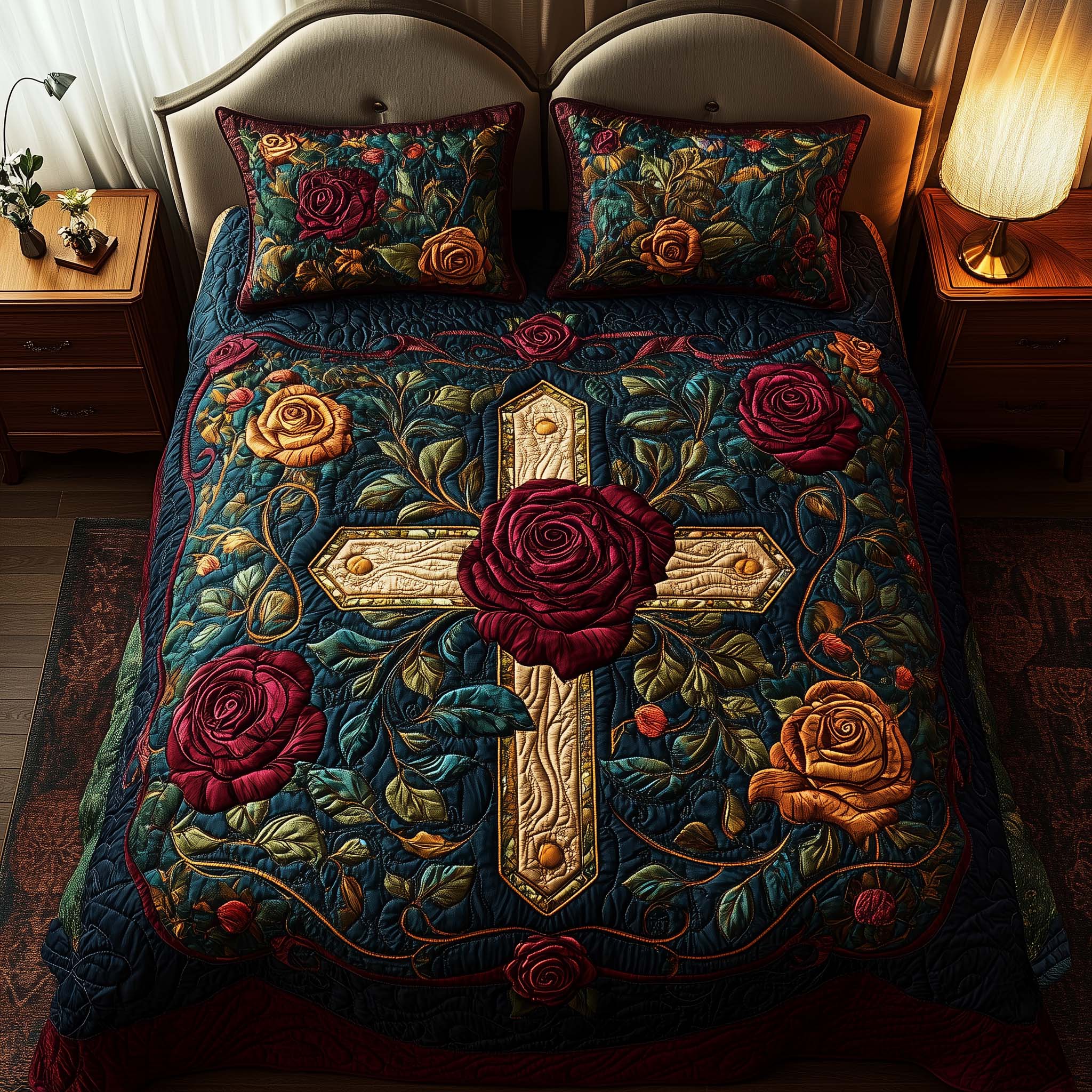 Cross Rose Quilted Bedding Set Holiday Home Decor Cross Gift For Bedroom Decor - Tradiviet