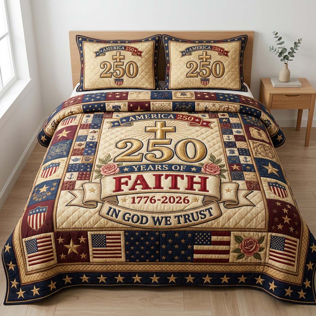 Cross Rose Stars US Flag Quilted Bedding Set USA 250 Years Of Liberty Bedding Gift For Plant Lovers - Tradiviet