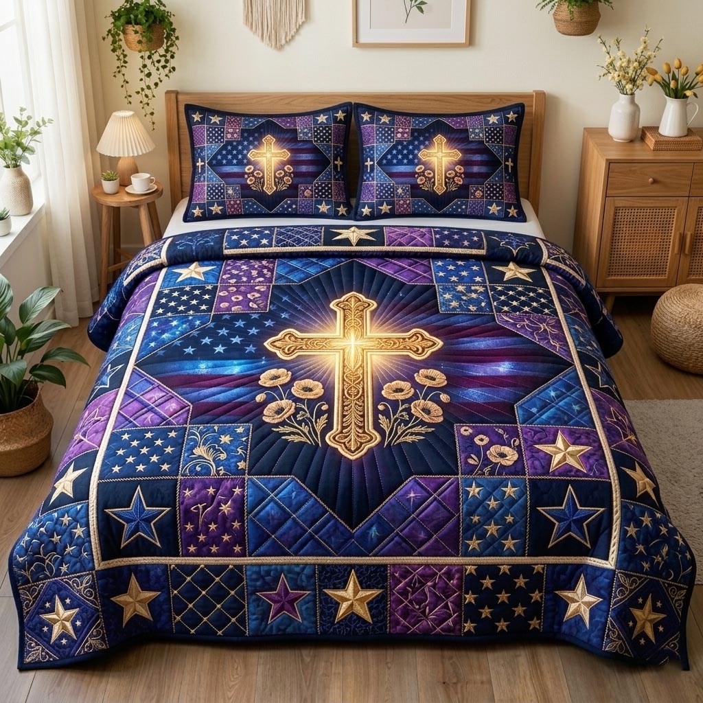 Cross Stars US Flag Quilted Bedding Set Hope And Faith Quilt Cover Set Gift For Military Dad - Tradiviet