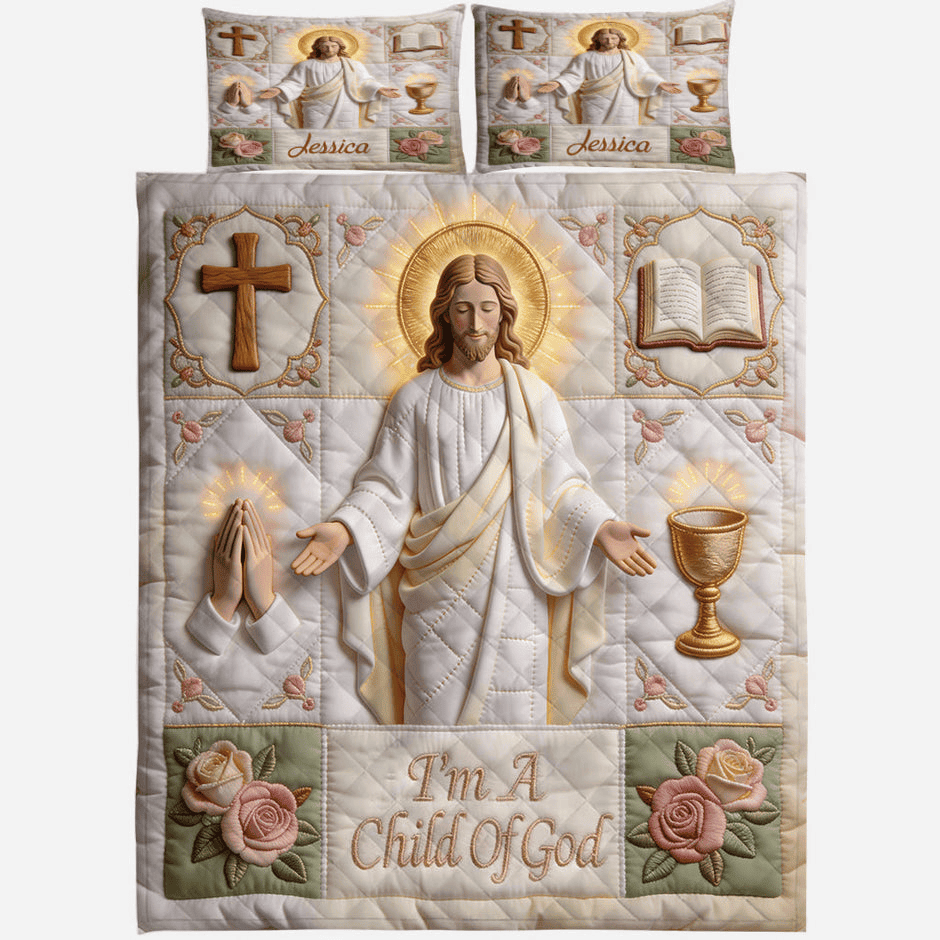Custom Name Child of God Quilt Bedding Set White Duvet Covers Christian Themed Gift - Image 2