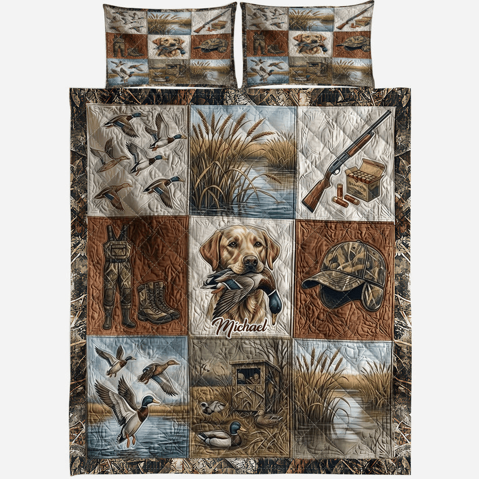 Custom Name Duck Hunting Quilt Bedding Set Birthday Gift for Son - Image 2