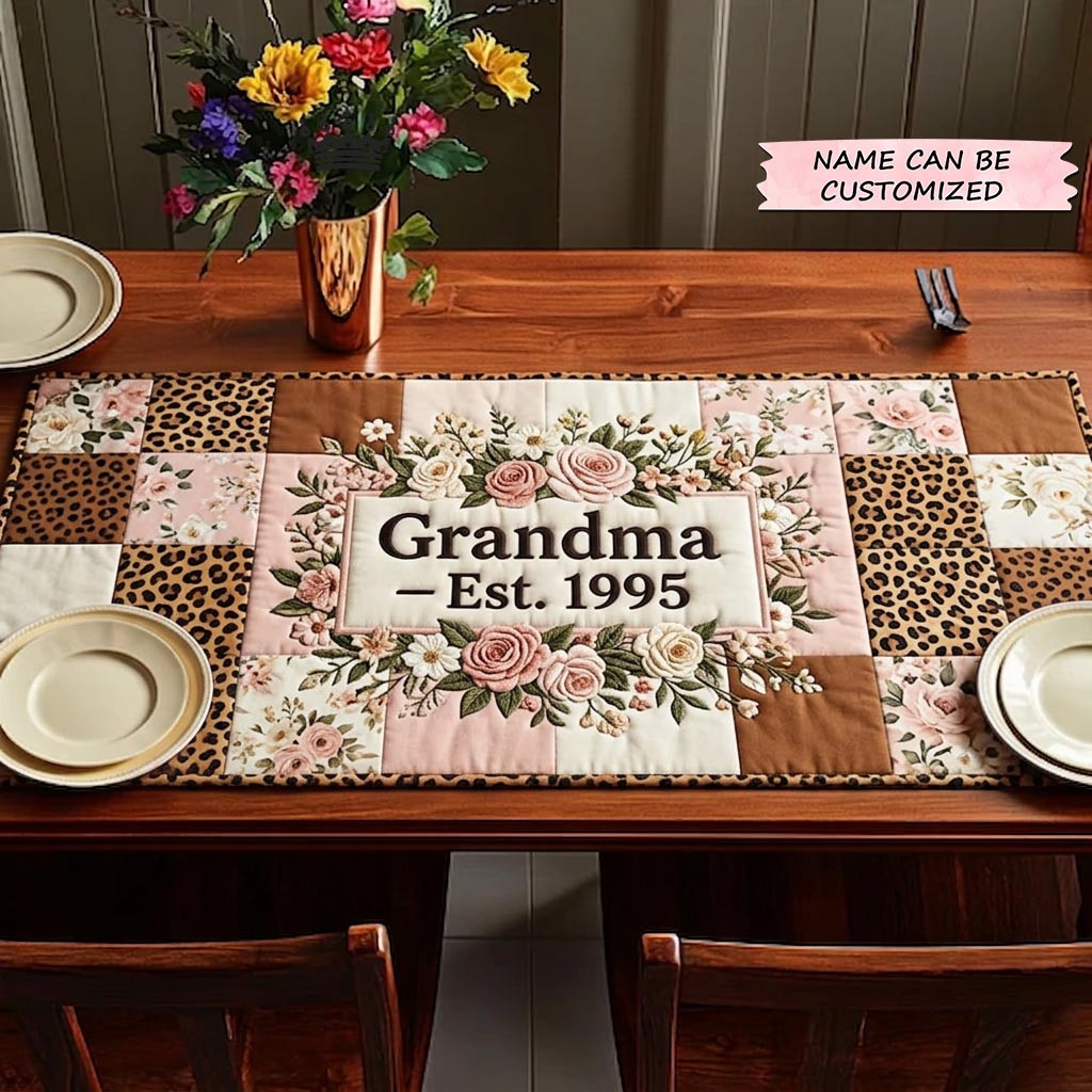 Customized Bloom For Mom Quilted Table Runner Leopard Patchwork Table Topper Ifts For Mom - Tradiviet