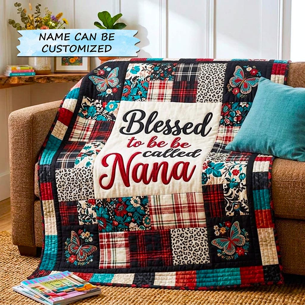 Customized Butterfly Flowers Plaid Quilt Blanket Blessed To Be Nana Throw Gift For Parents - Tradiviet