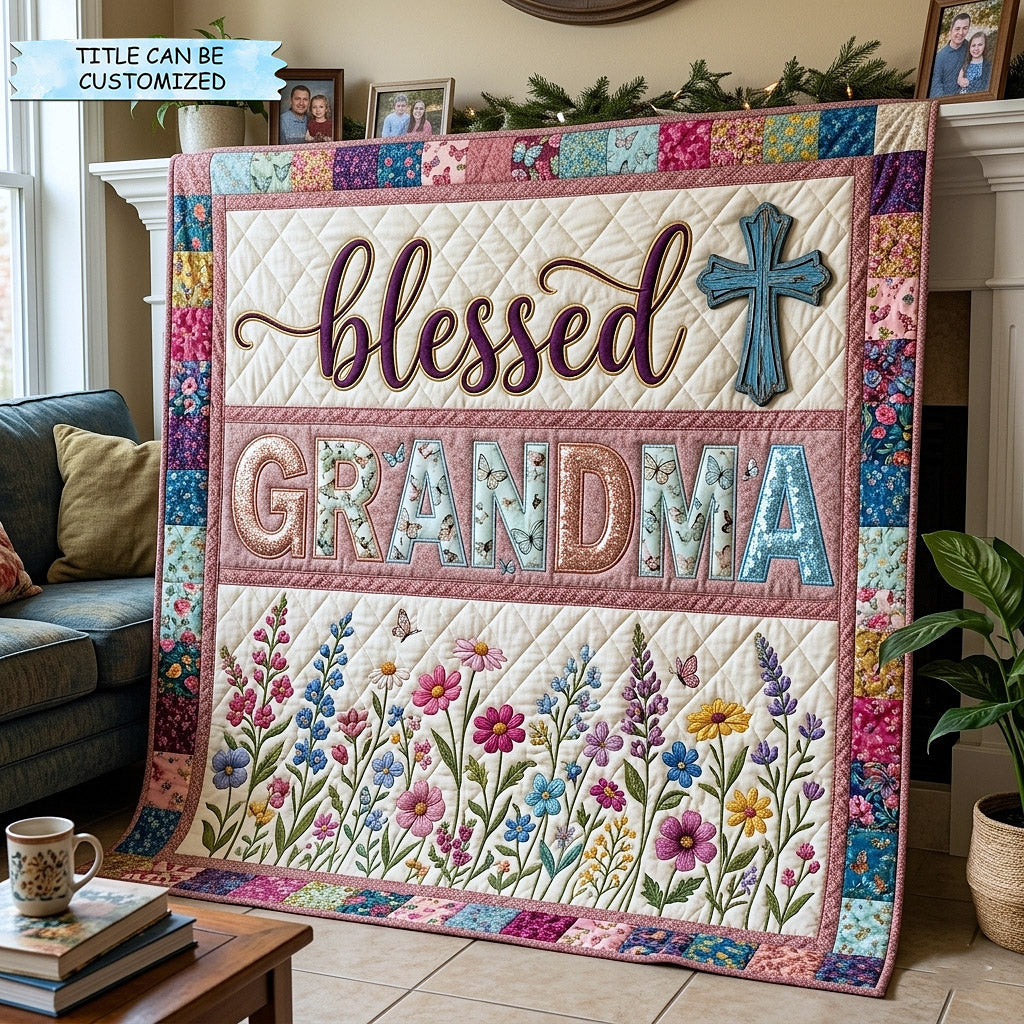 Customized Flowers Butterflies Cross Quilt Blanket Blessed Grandma Meadow Quilt Gift For Army Dad - Tradiviet
