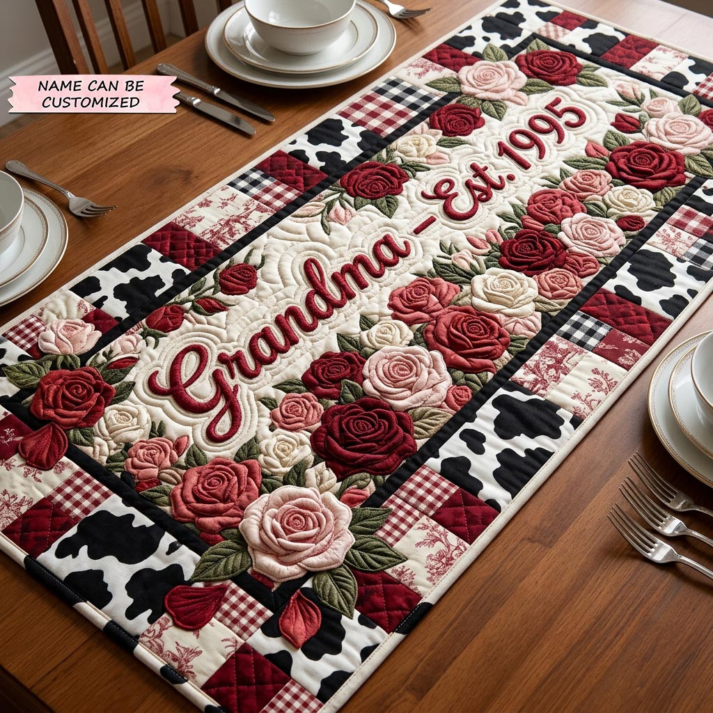 Customized Mom Bloom Quilted Table Runner Flower Lover Table Topper Gifts For Mom - Tradiviet