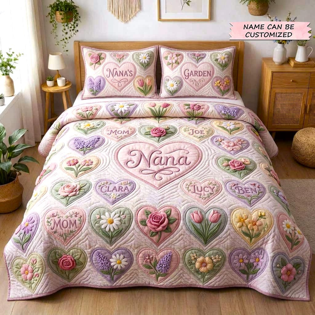Customized Sweet Bloom Quilted Bedding Set Flower Heart Bedspread Gift For Homebodies - Tradiviet