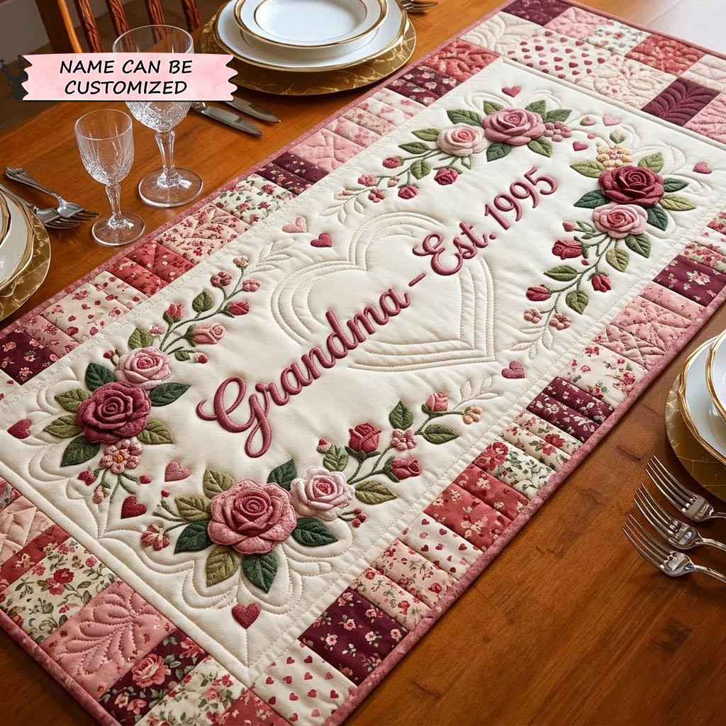 Customized Sweet Bloom Quilted Table Runner Rose Flower Table Topper Gifts For Girlfriend - Tradiviet