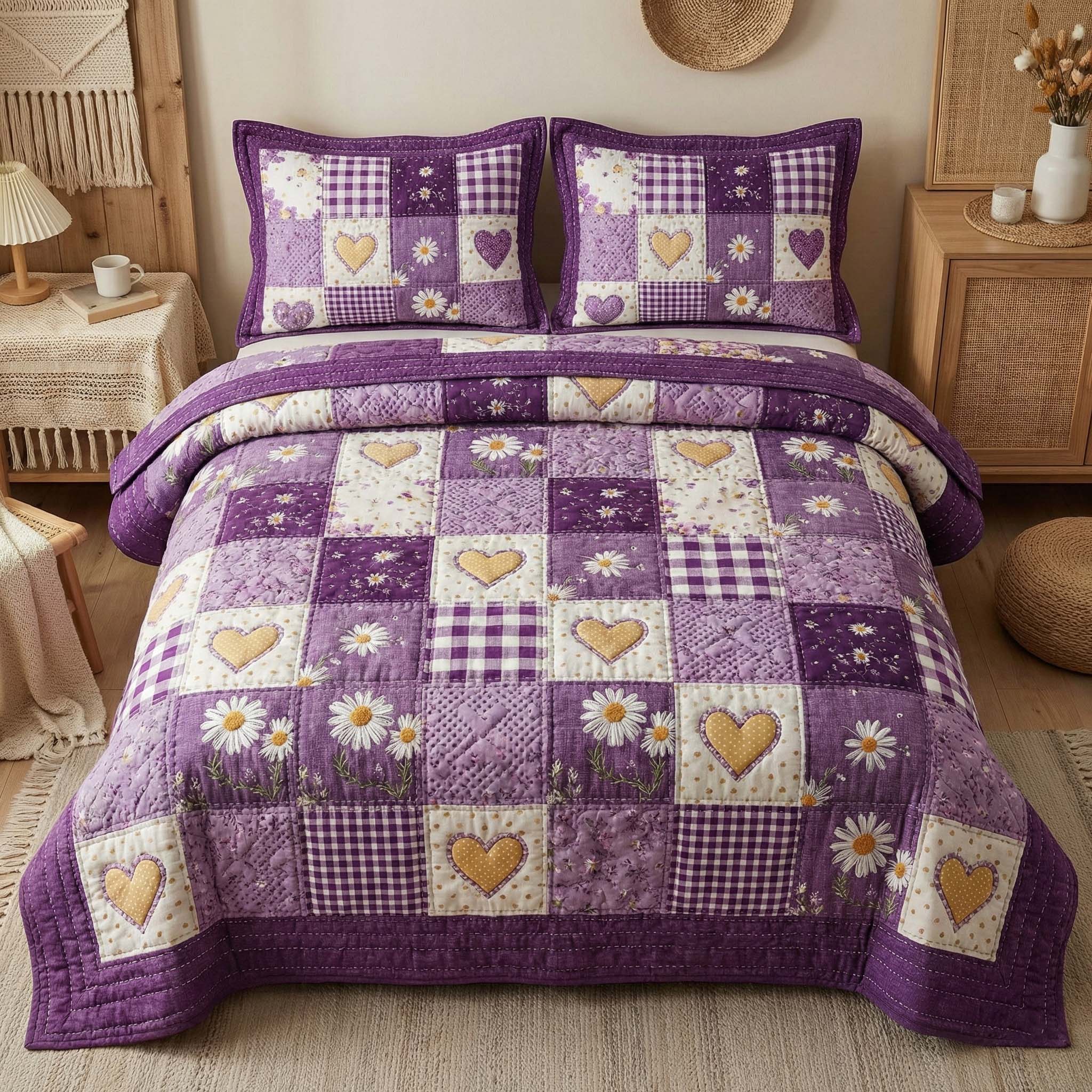 Daisy Hearts Quilted Bedding Set Mens Bedroom Decor Gift For Garden Lovers - Tradiviet
