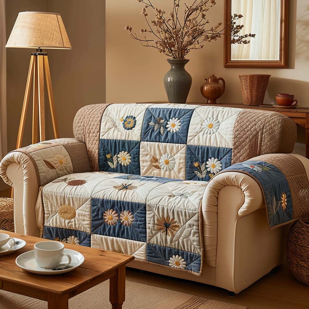 Daisy Patch Charm Quilted Sofa Cover Daisy Flower Patchwork Design Home Decor