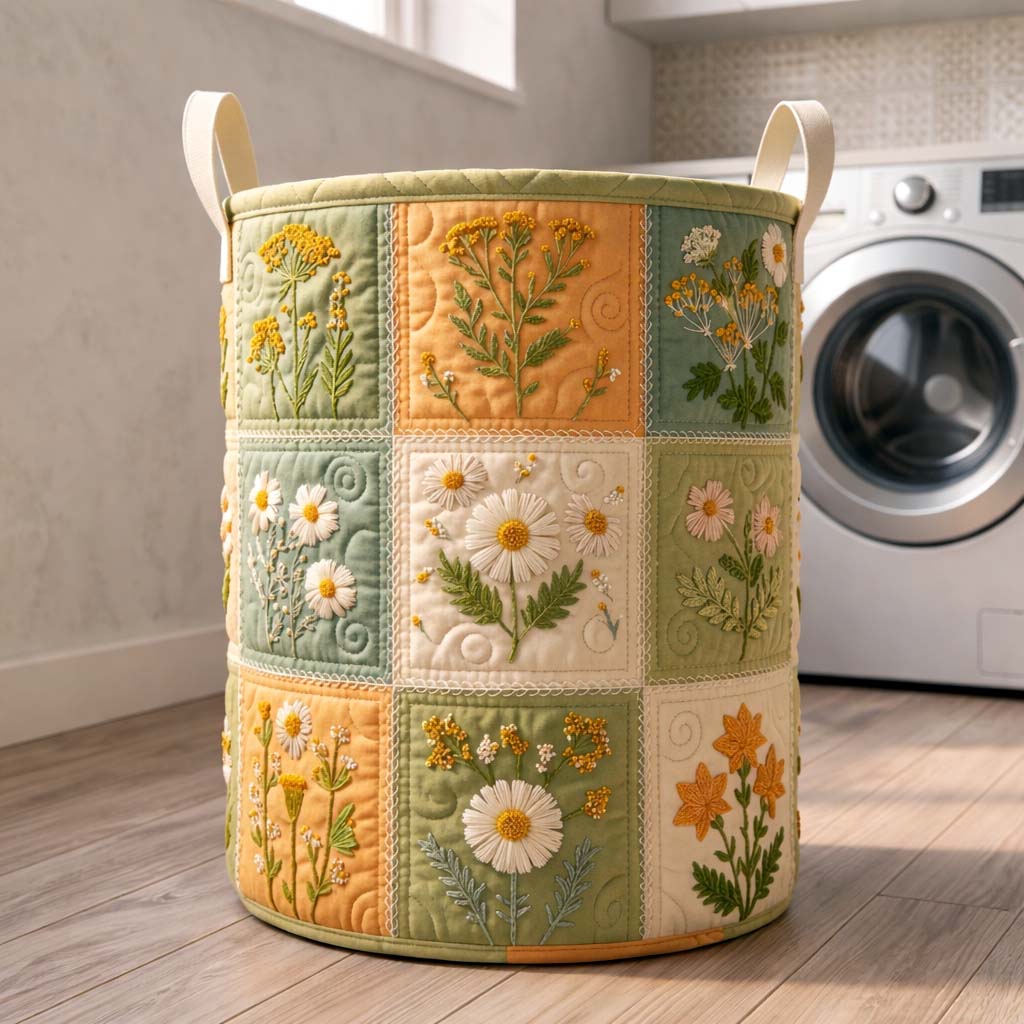 Daisy Patchwork Quilted Laundry Basket Nice Storage Baskets Gift For Grandma - Tradiviet