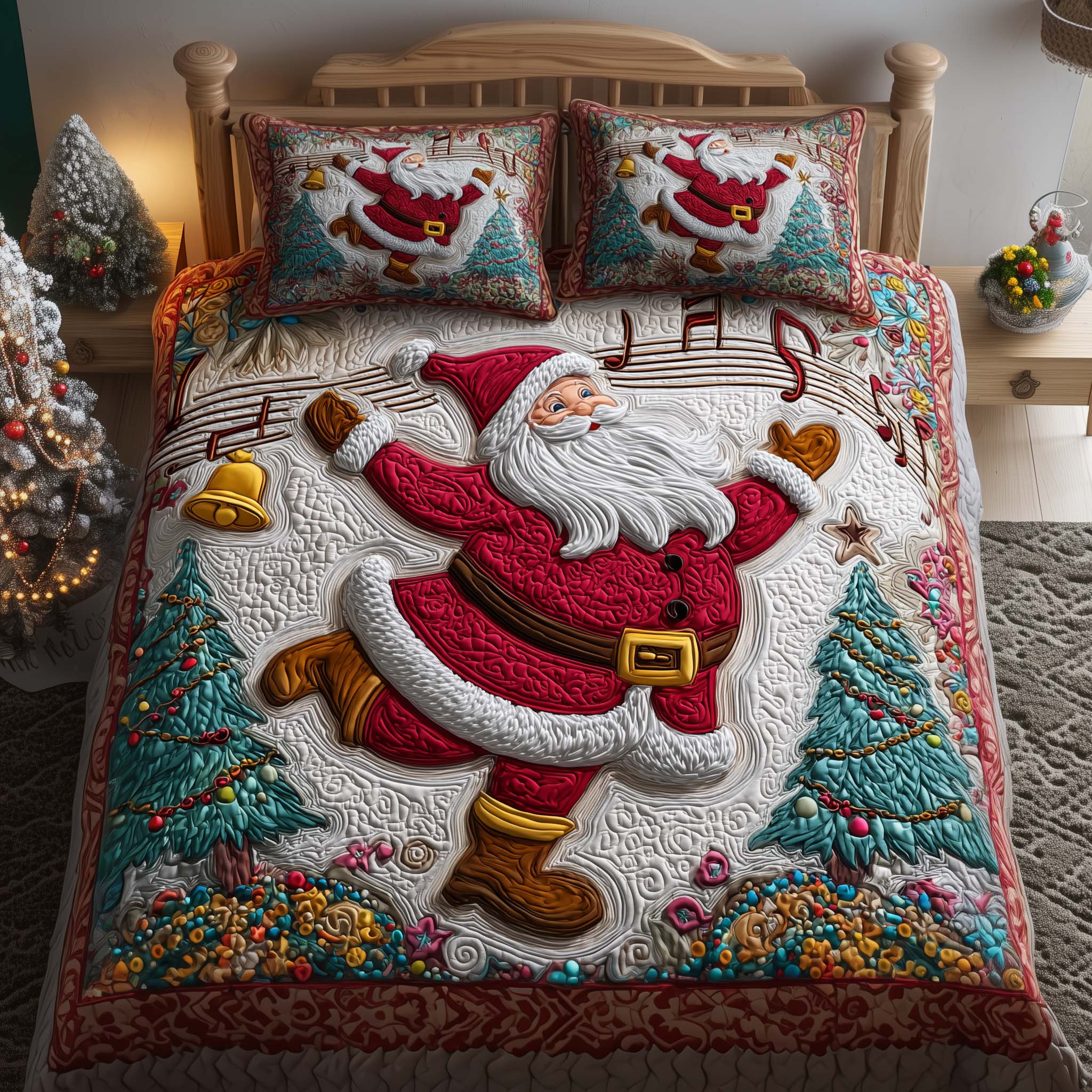 Dancing Santa Quilted Bedding Set Room Decoration Items Santa Christmas Eve Gift - Tradiviet