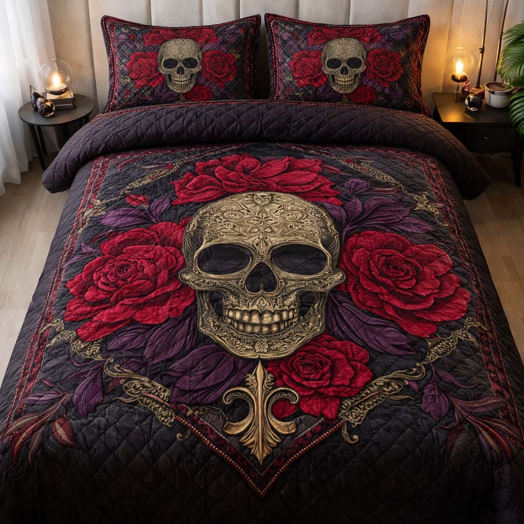 Dark Bloom Quilted Bedding Set Bohemian Bedroom Furniture Gift For Mysterious Elegance - Tradiviet